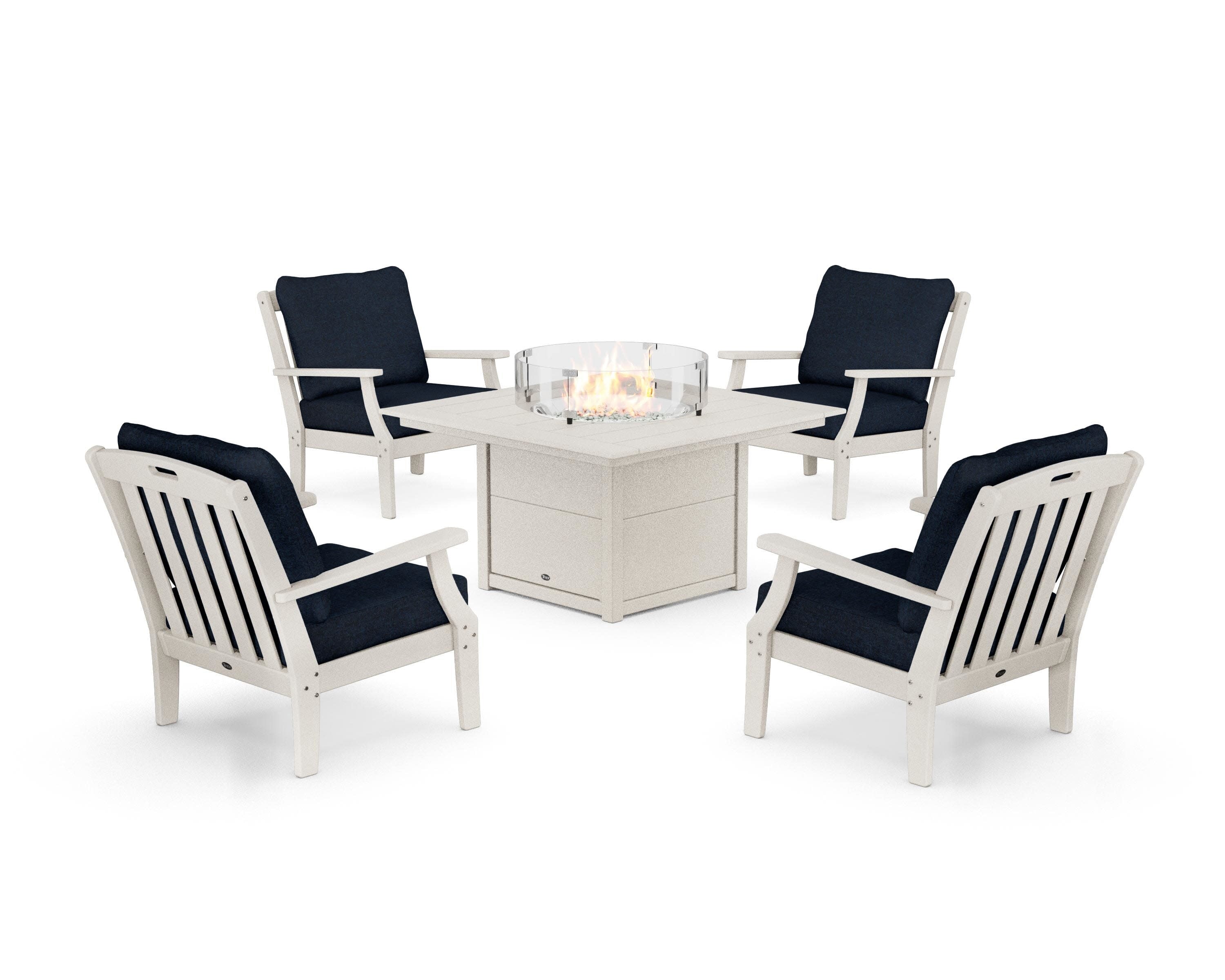 Yacht Club 5-Piece Deep Seating Set with Square Fire Pit Table in Sand Castle / Marine Indigo