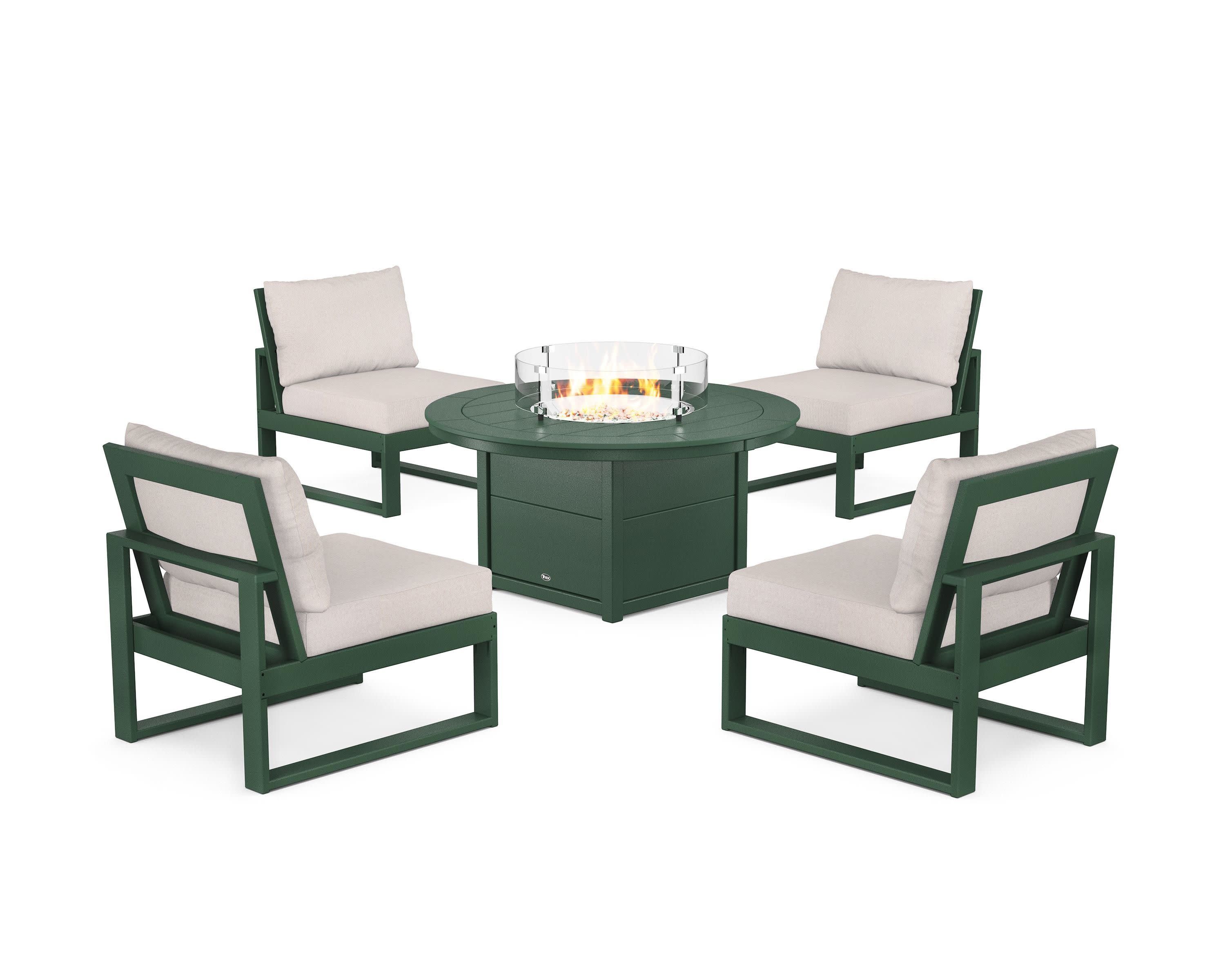 Eastport Modular 5-Piece Deep Seating Set with Round Fire Pit Table in Rainforest Canopy / Dune Burlap