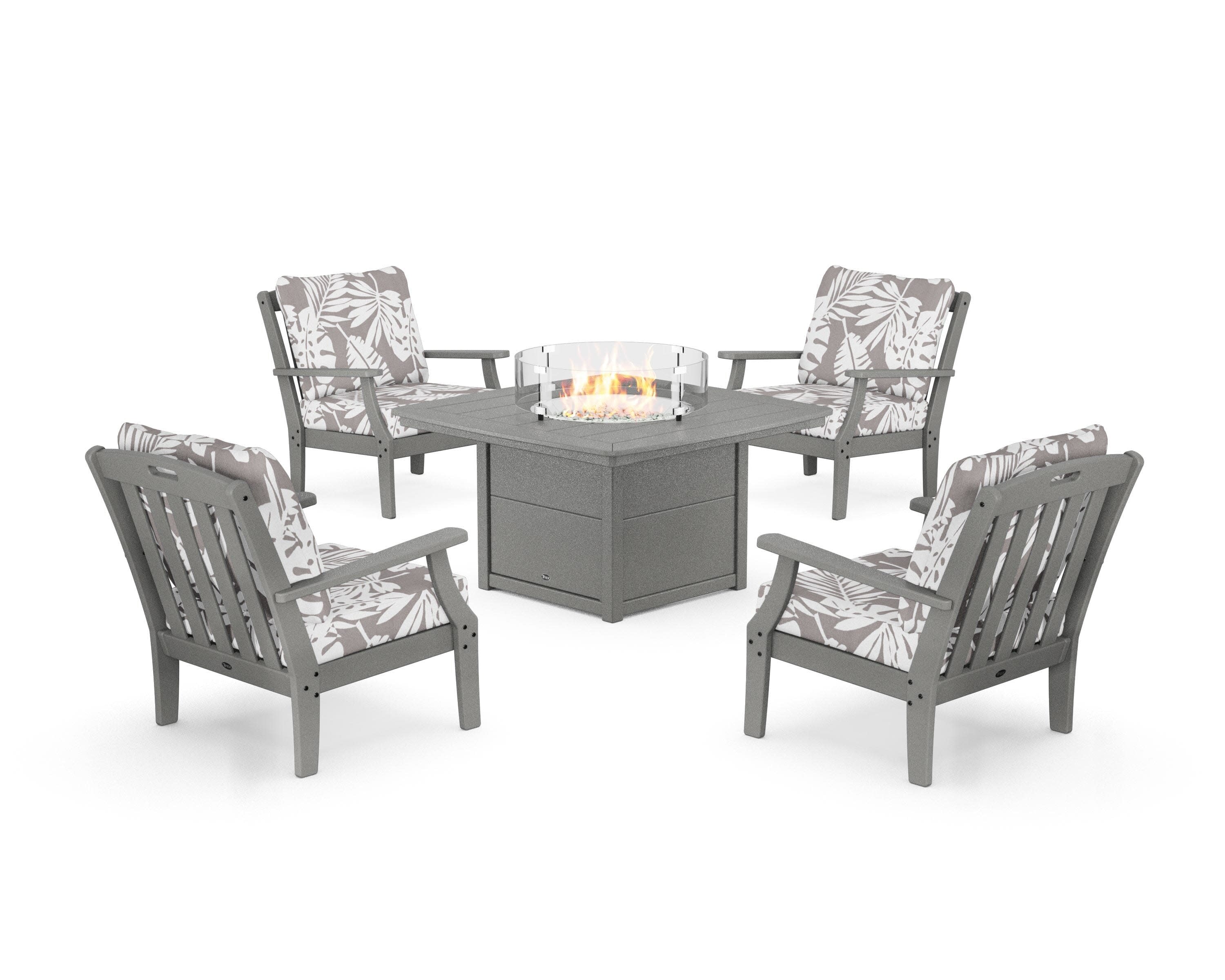 Yacht Club 5-Piece Deep Seating Set with Fire Pit Table in Stepping Stone / Leaf Grey Mist