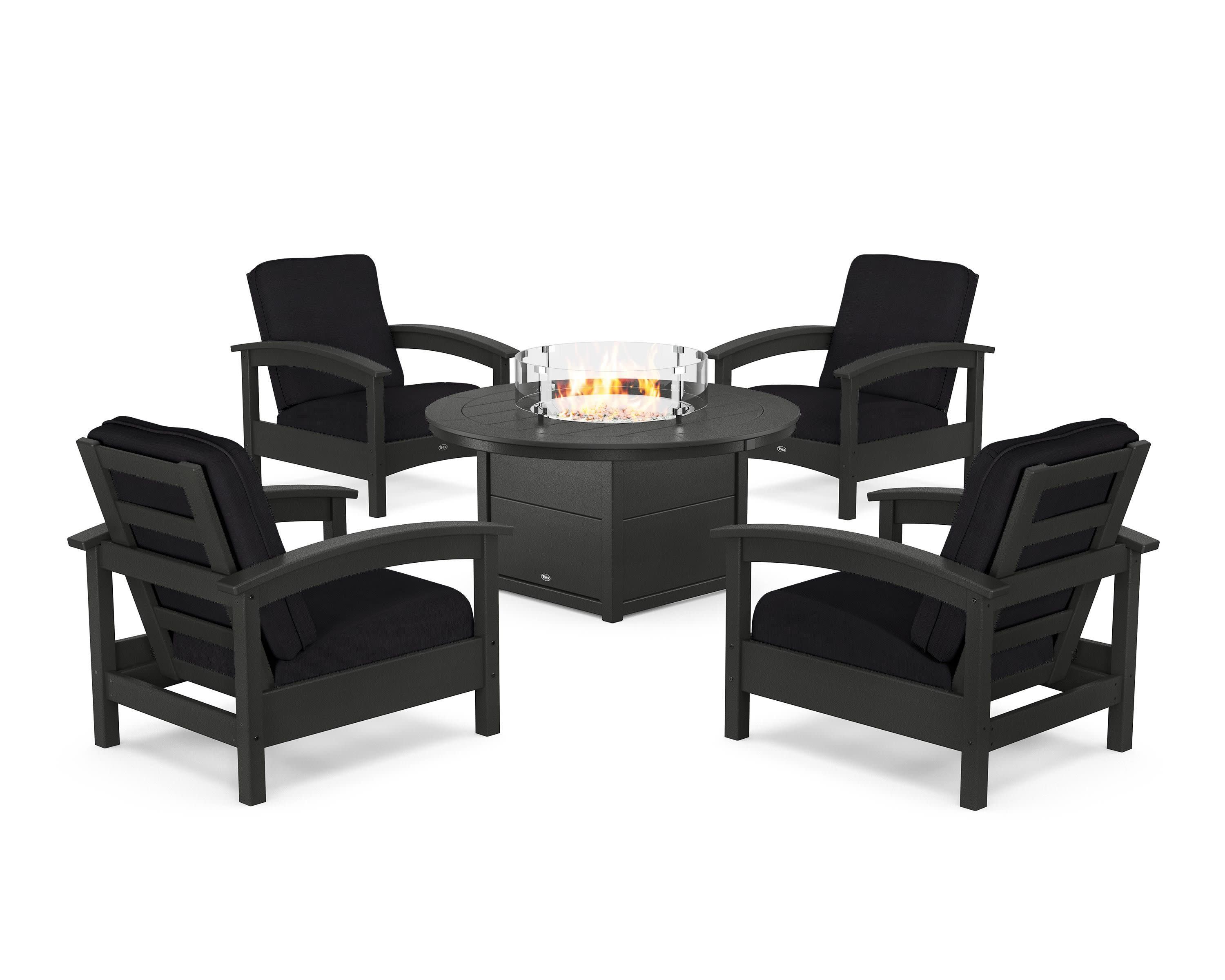 Rockport 5-Piece Deep Seating Set with Round Fire Pit Table in Charcoal Black / Midnight Linen