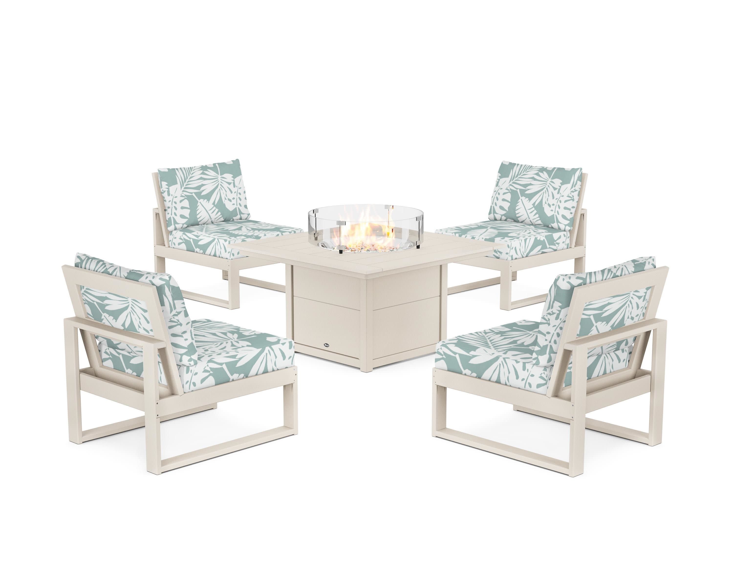 Eastport Modular 5-Piece Deep Seating Set with Square Fire Pit Table in Sand Castle / Leaf Glacier Spa