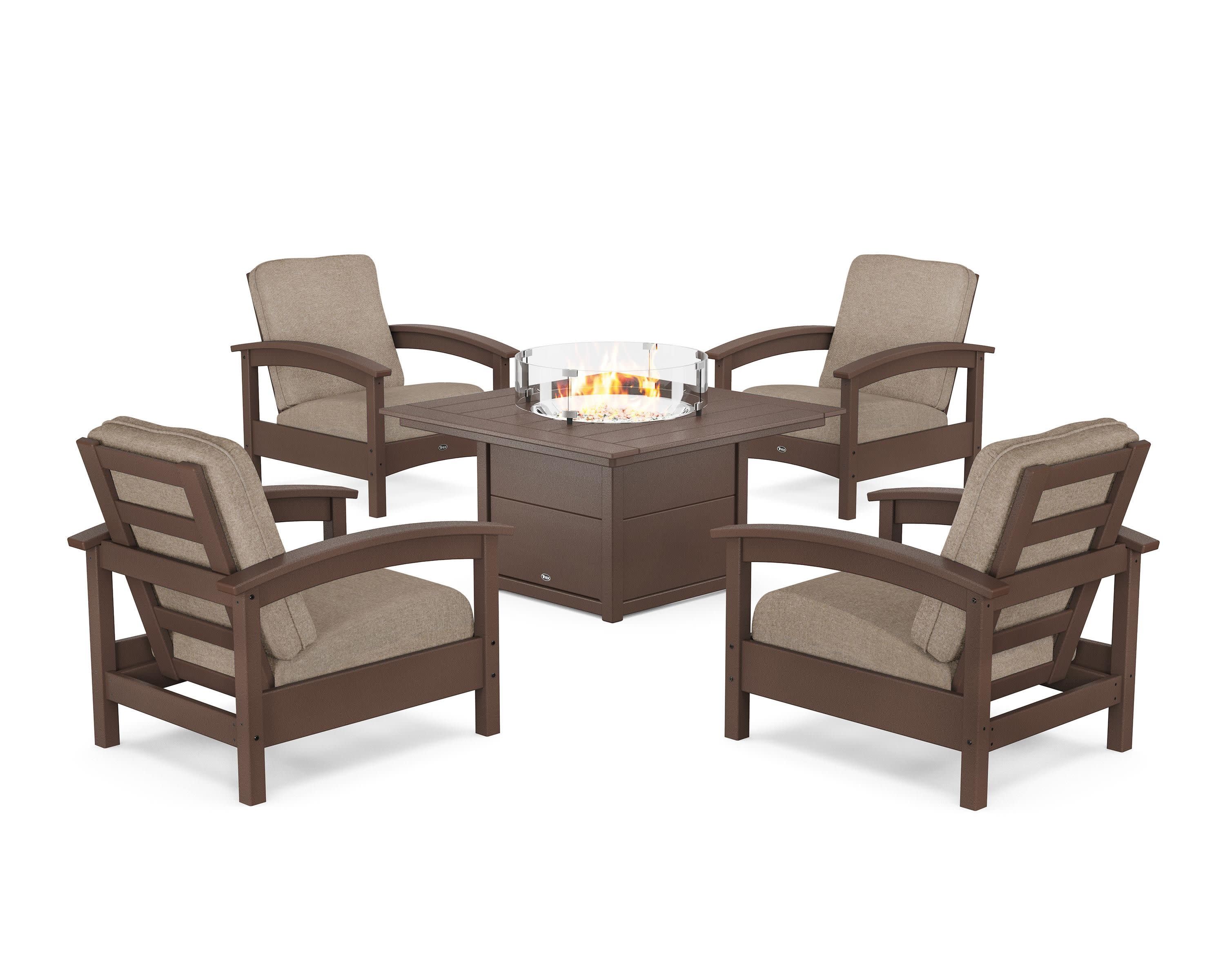 Rockport 5-Piece Deep Seating Set with Square Fire Pit Table in Vintage Lantern / Spiced Burlap