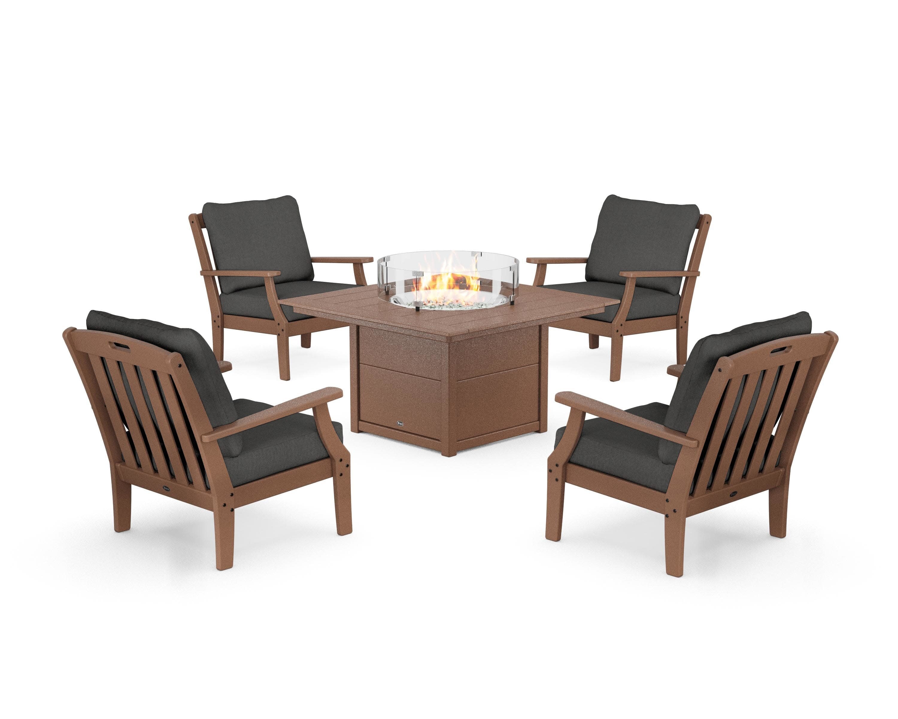 Yacht Club 5-Piece Deep Seating Set with Square Fire Pit Table in Tree House / Spectrum Carbon