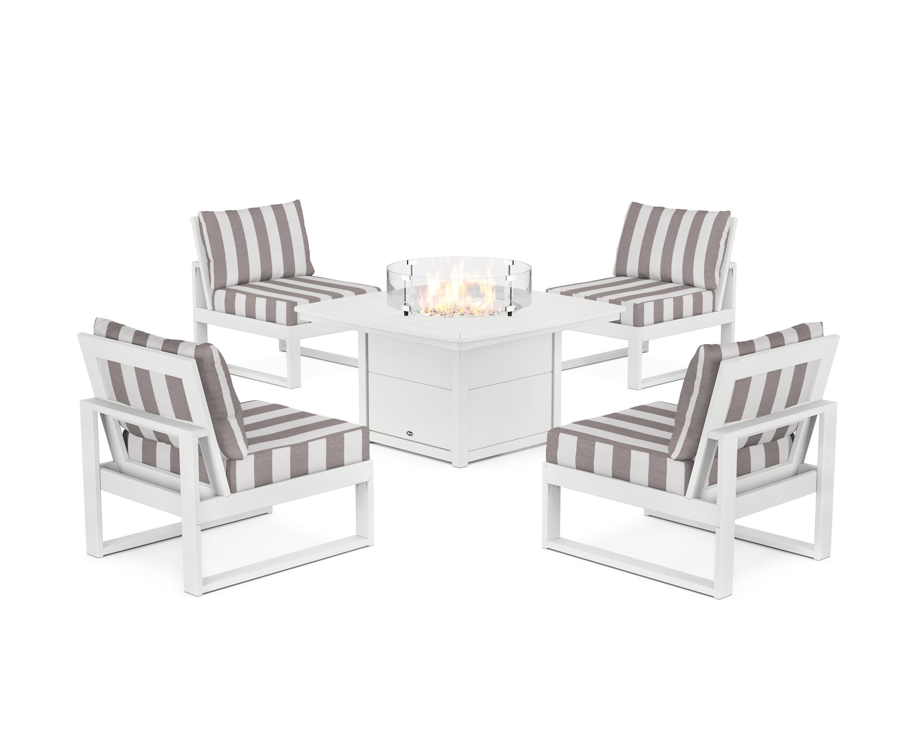 Eastport Modular 5-Piece Deep Seating Set with Yacht Club Fire Pit Table in Classic White / Cabana Stripe Grey Mist
