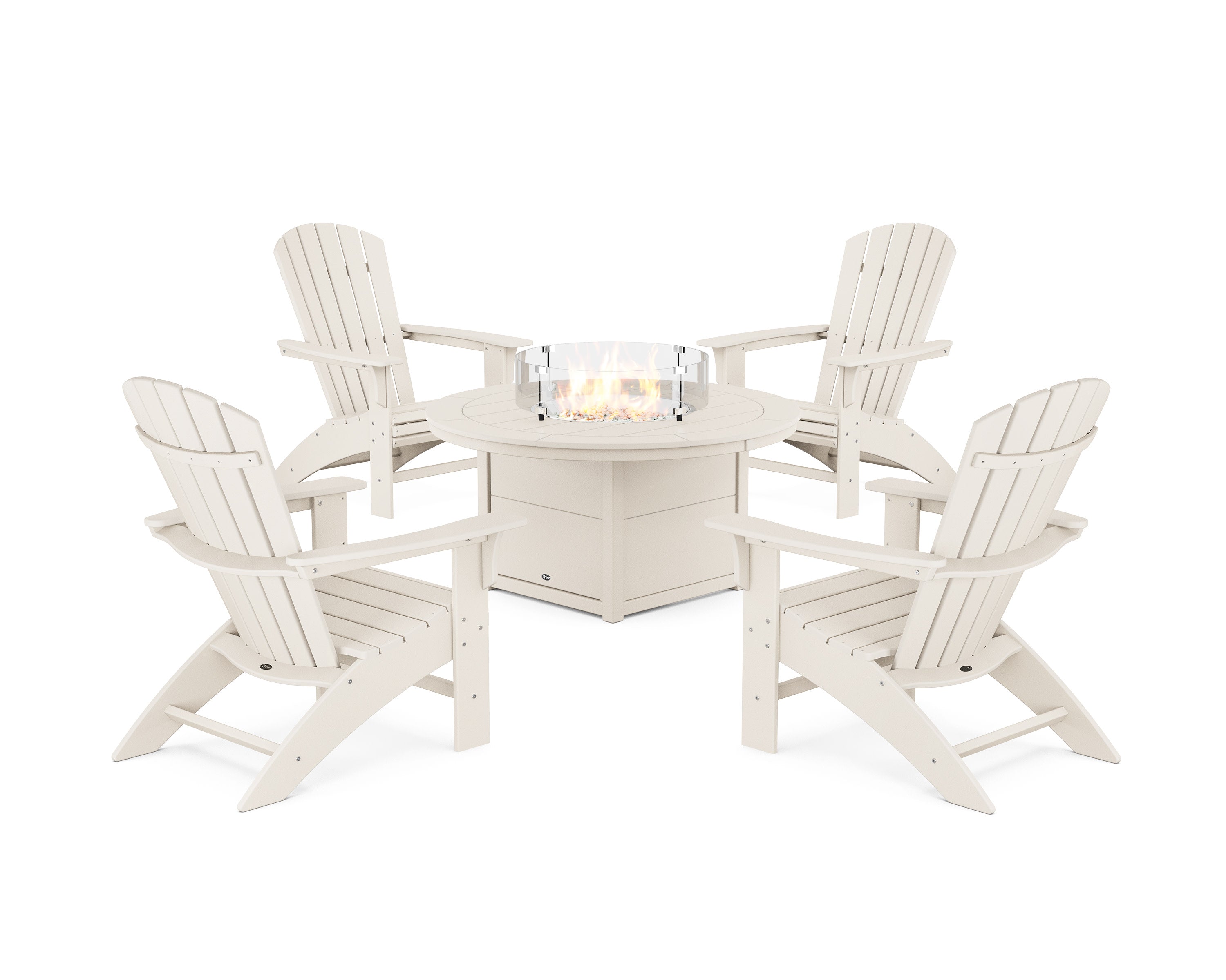 Yacht Club Adirondack 5-Piece Set with Round Fire Pit Table in Sand Castle