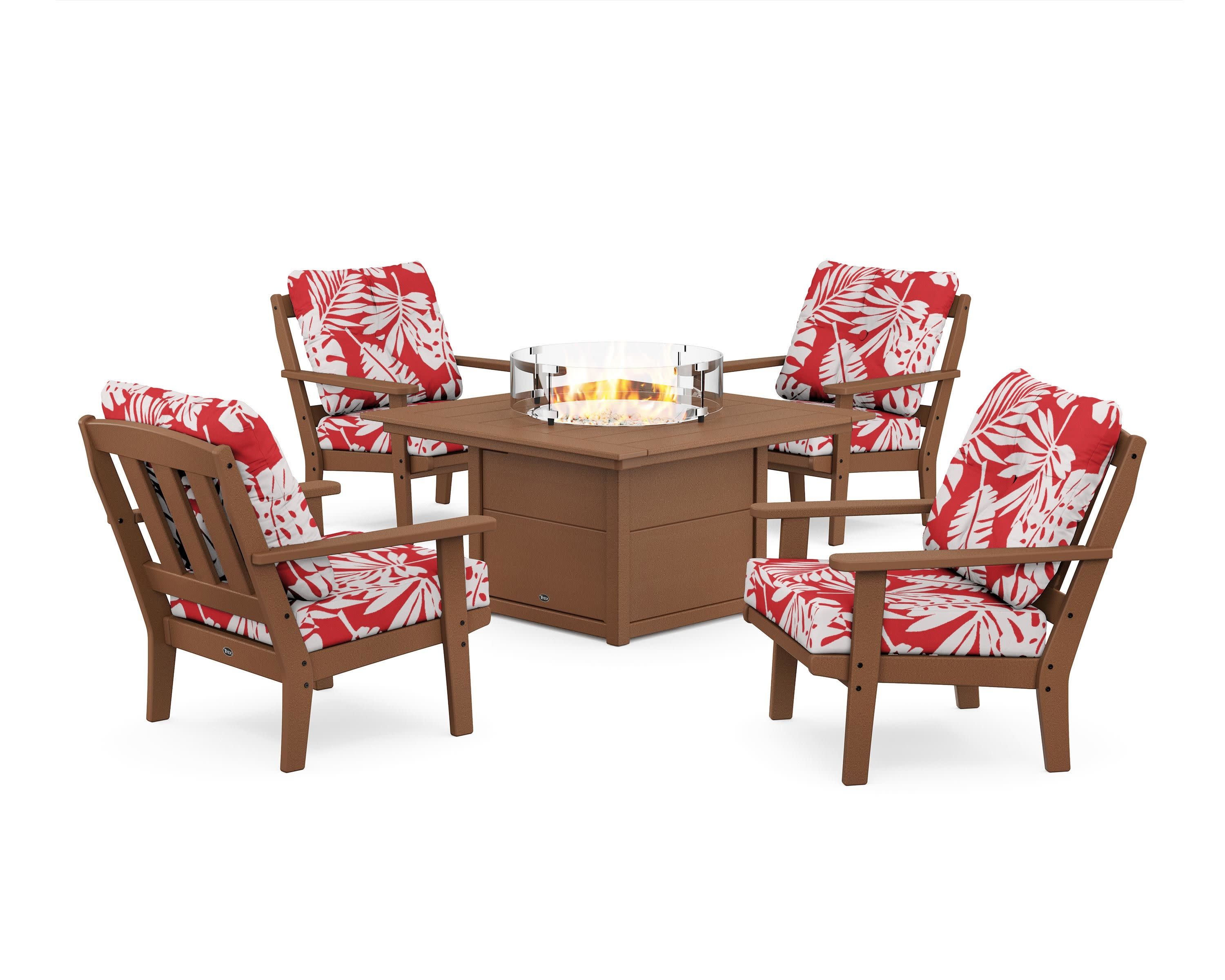 Cape Cod 5-Piece Deep Seating Set with Fire Pit Table in Tree House / Leaf Crimson