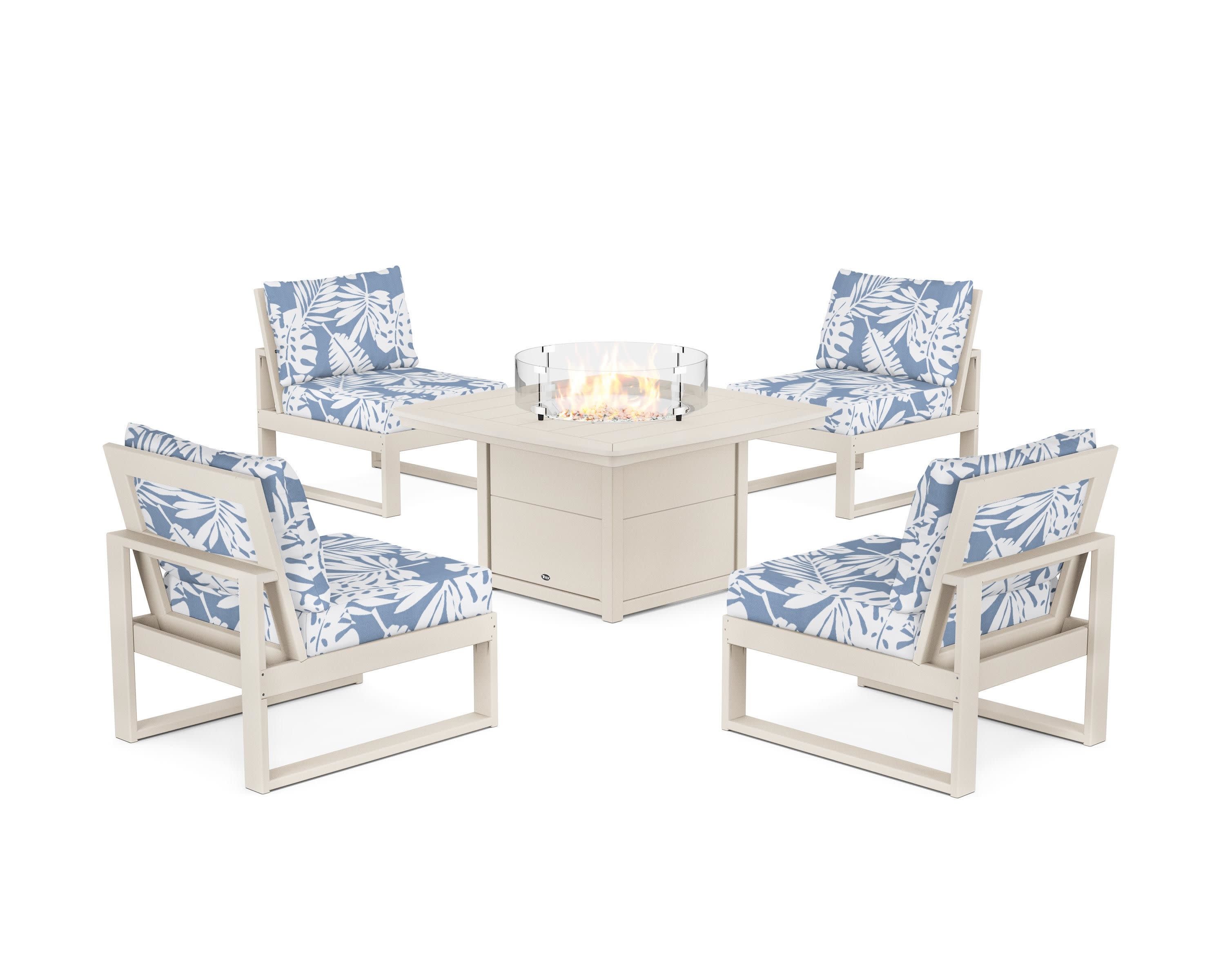 Eastport Modular 5-Piece Deep Seating Set with Yacht Club Fire Pit Table in Sand Castle / Leaf Sky Blue