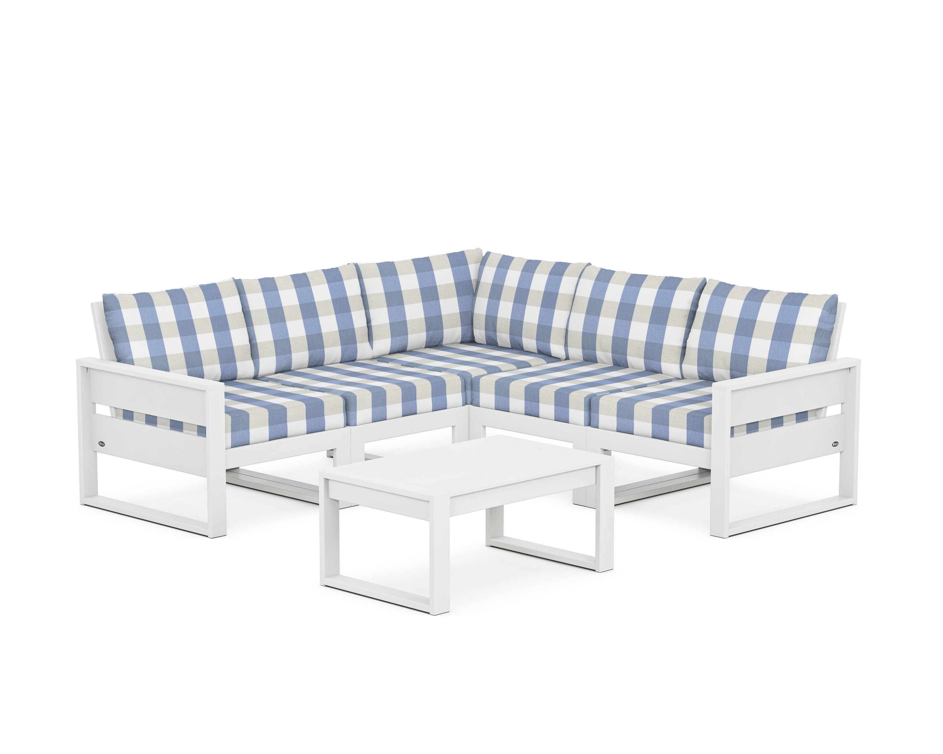 Eastport 6-Piece Deep Seating Sectional + Coffee Table Set in Classic White / Buffalo Plaid Sky Blue