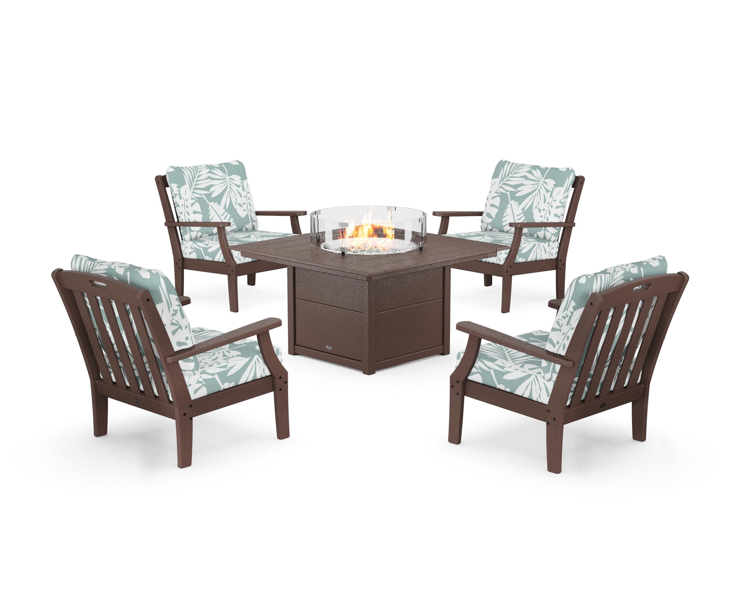 Yacht Club 5-Piece Deep Seating Set with Square Fire Pit Table in Vintage Lantern / Leaf Glacier Spa