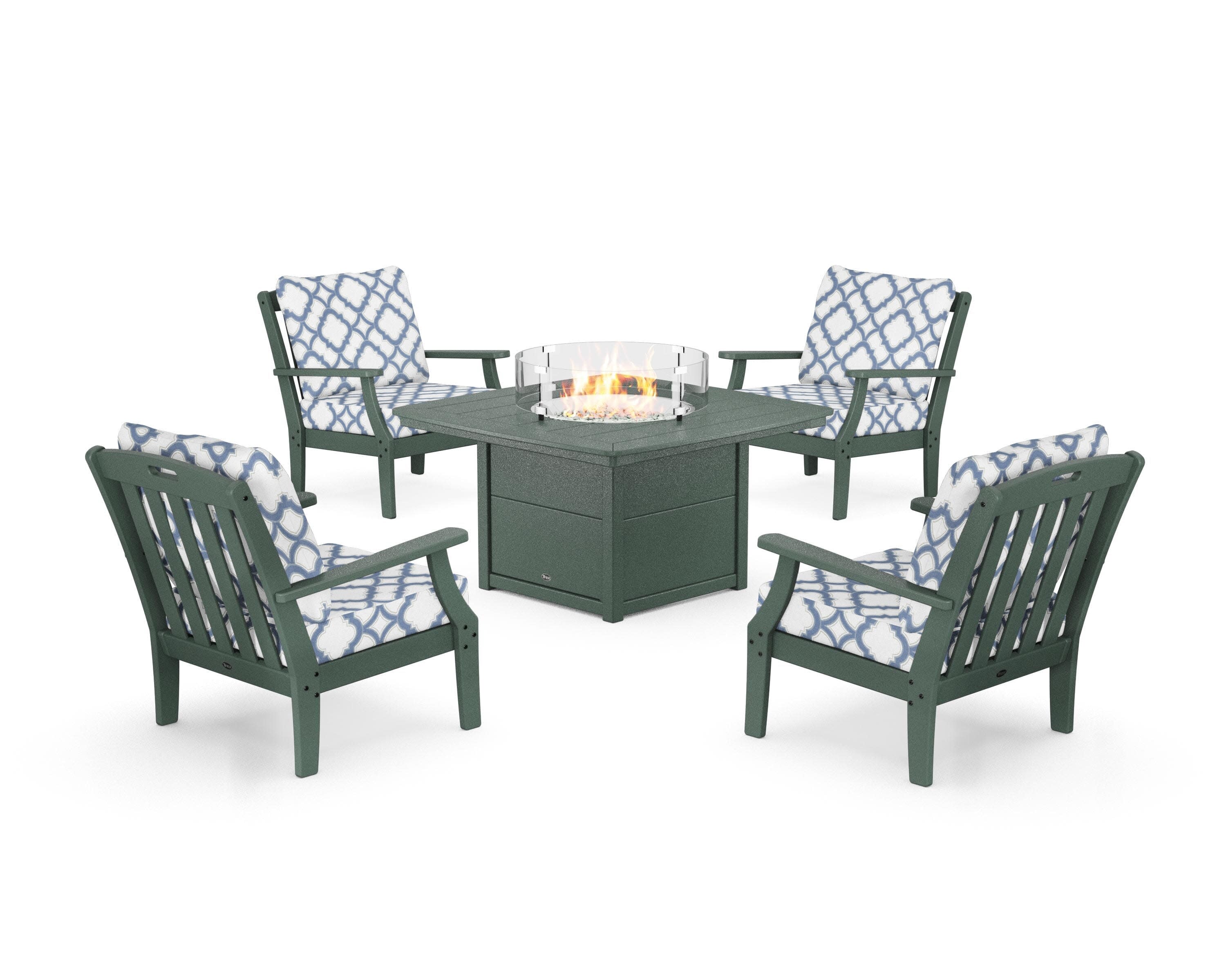 Yacht Club 5-Piece Deep Seating Set with Fire Pit Table in Rainforest Canopy / Trellis Sky Blue