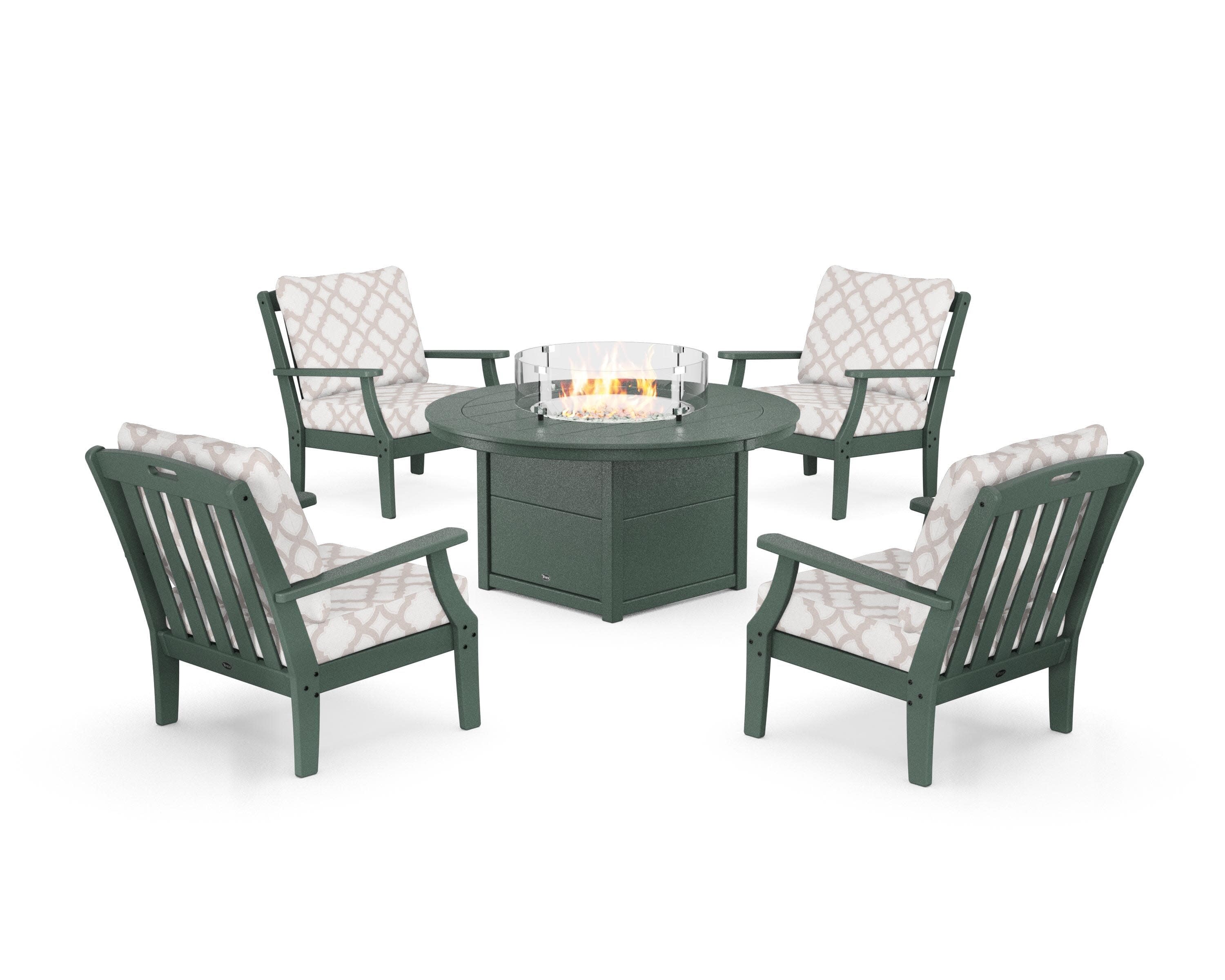Yacht Club 5-Piece Deep Seating Set with Round Fire Pit Table in Rainforest Canopy / Trellis Dune Burlap
