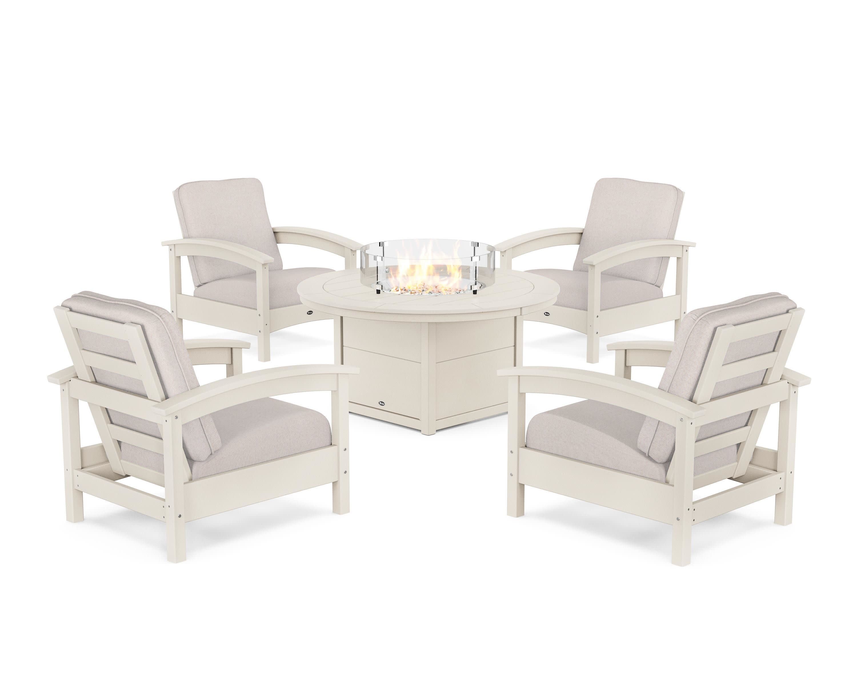 Rockport 5-Piece Deep Seating Set with Round Fire Pit Table in Sand Castle / Dune Burlap