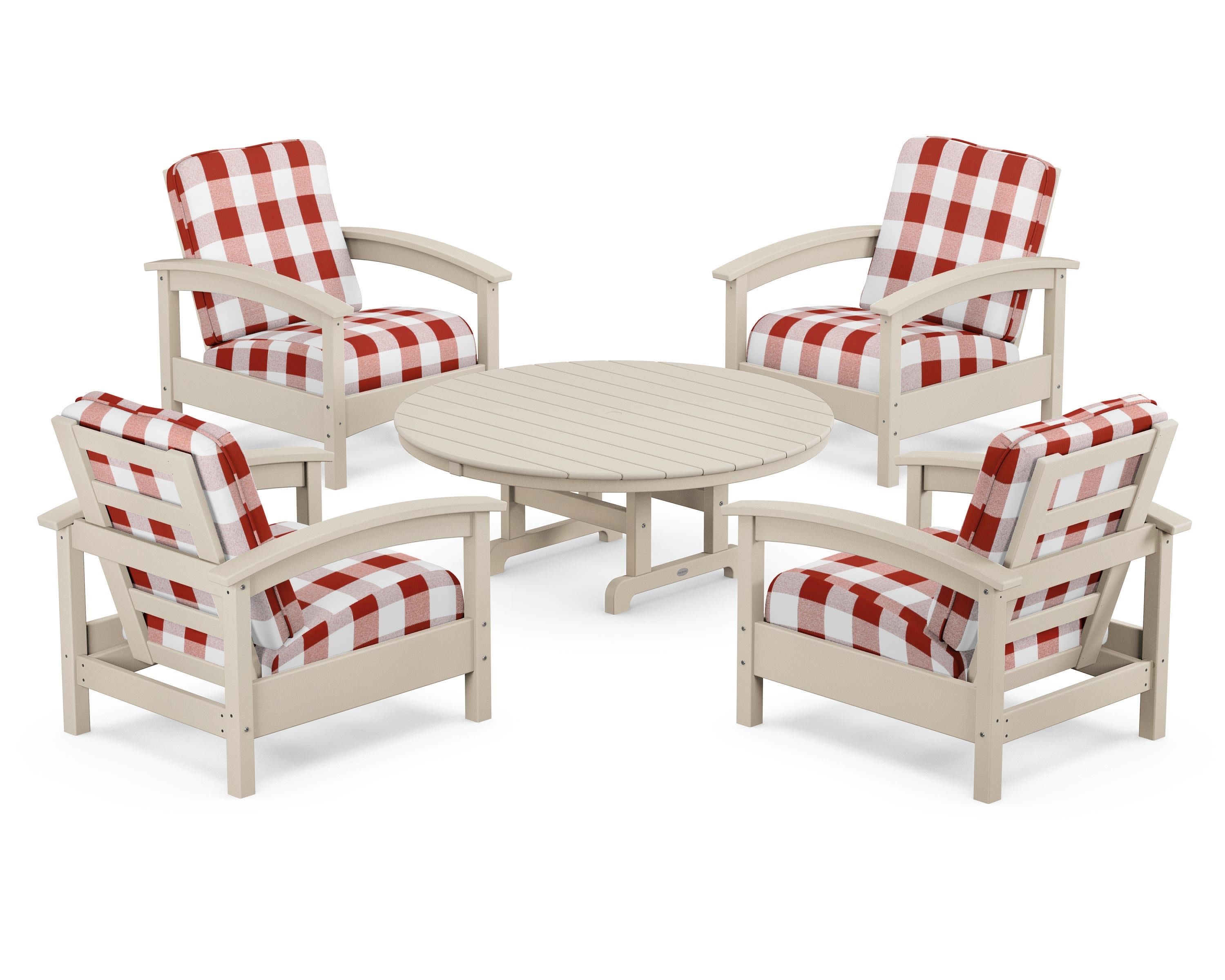Rockport 5-Piece Deep Seating Set in Sand Castle / Buffalo Plaid Crimson