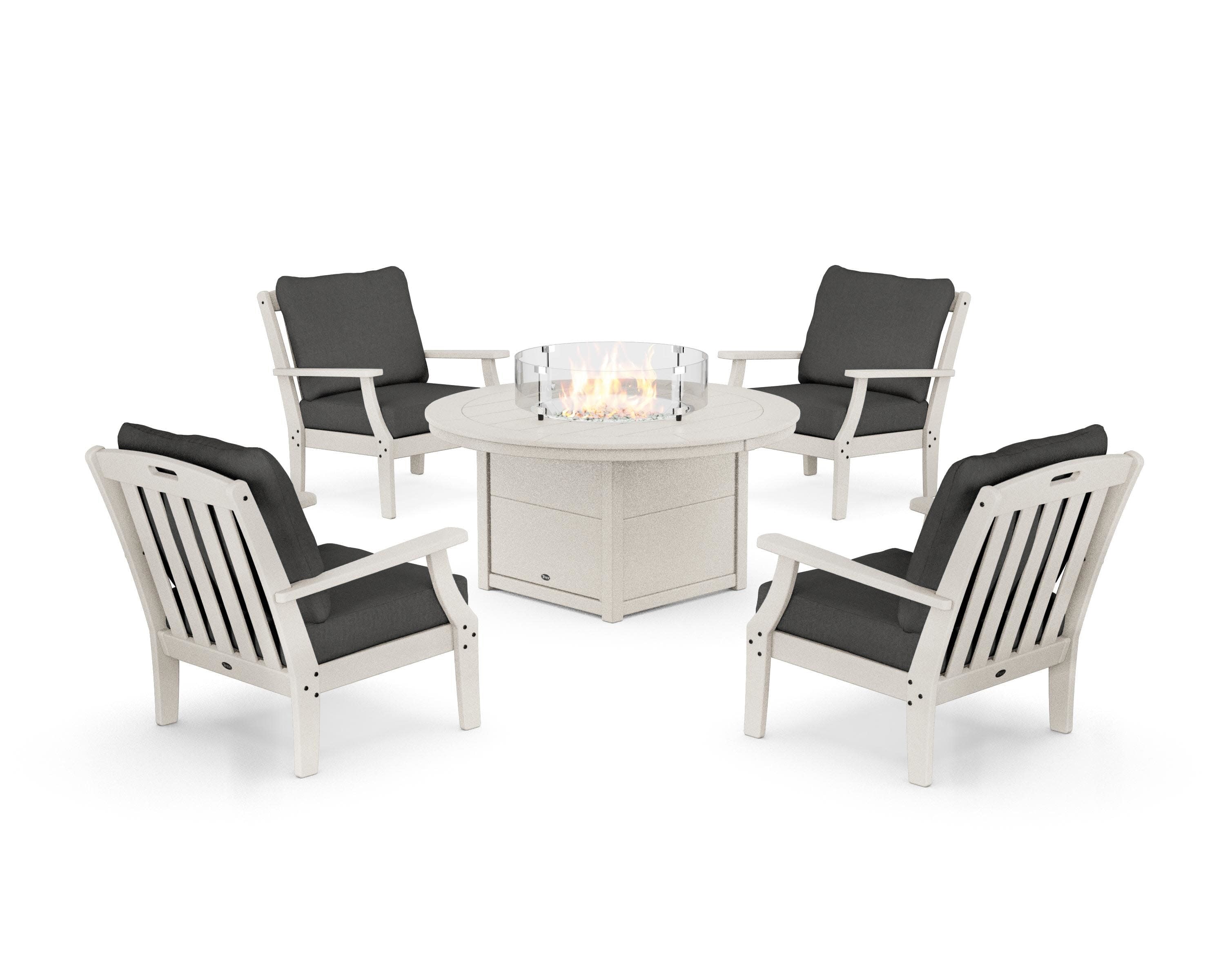 Yacht Club 5-Piece Deep Seating Set with Round Fire Pit Table in Sand Castle / Spectrum Carbon