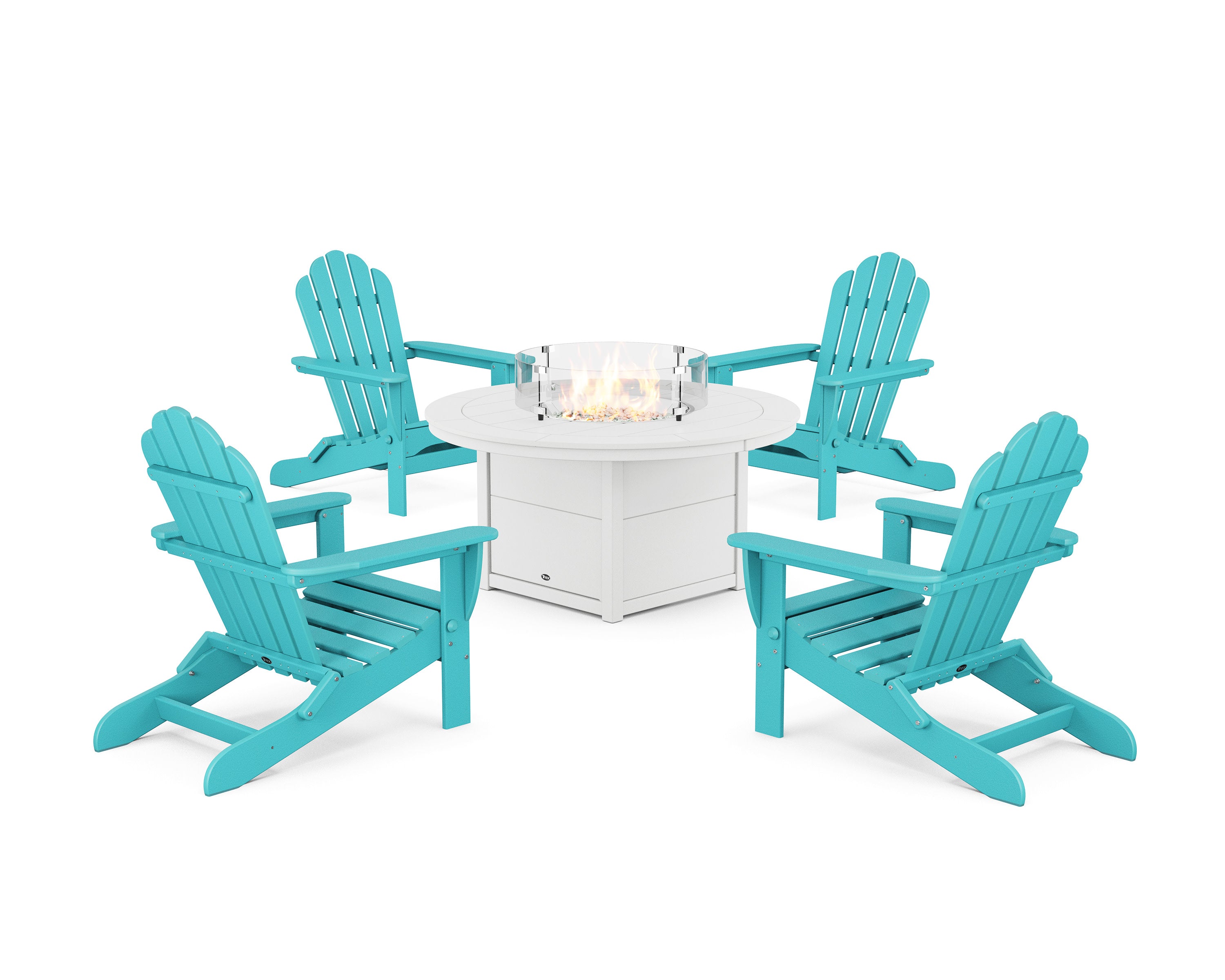 5-Piece Monterey Bay Folding Adirondack Conversation Set with Fire Pit Table in Aruba