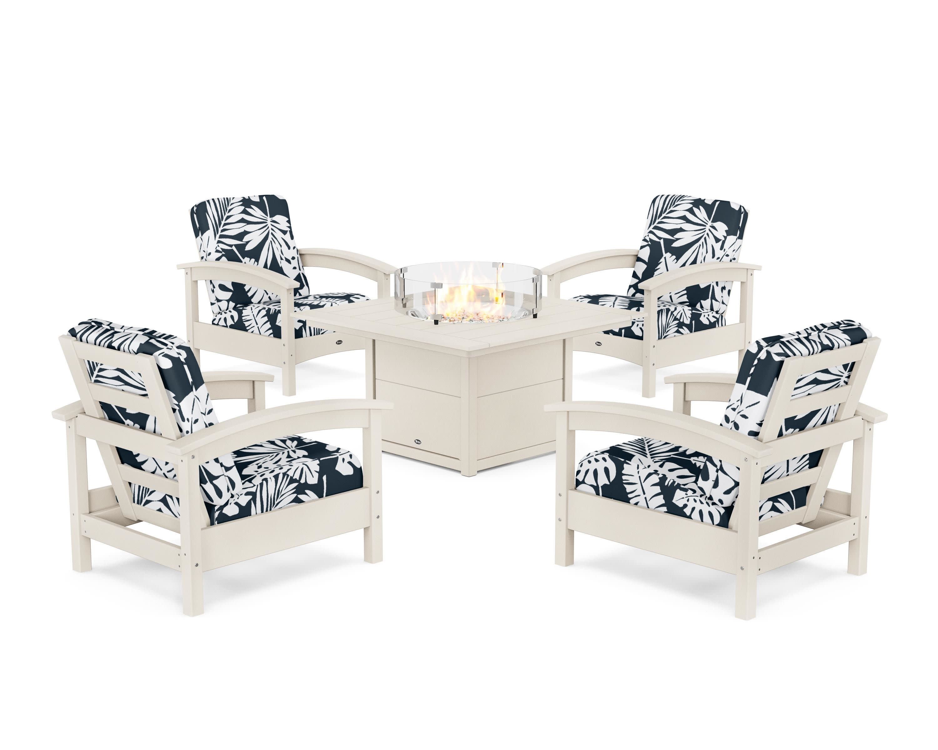 Rockport 5-Piece Deep Seating Set with Square Fire Pit Table in Sand Castle / Leaf Marine Indigo