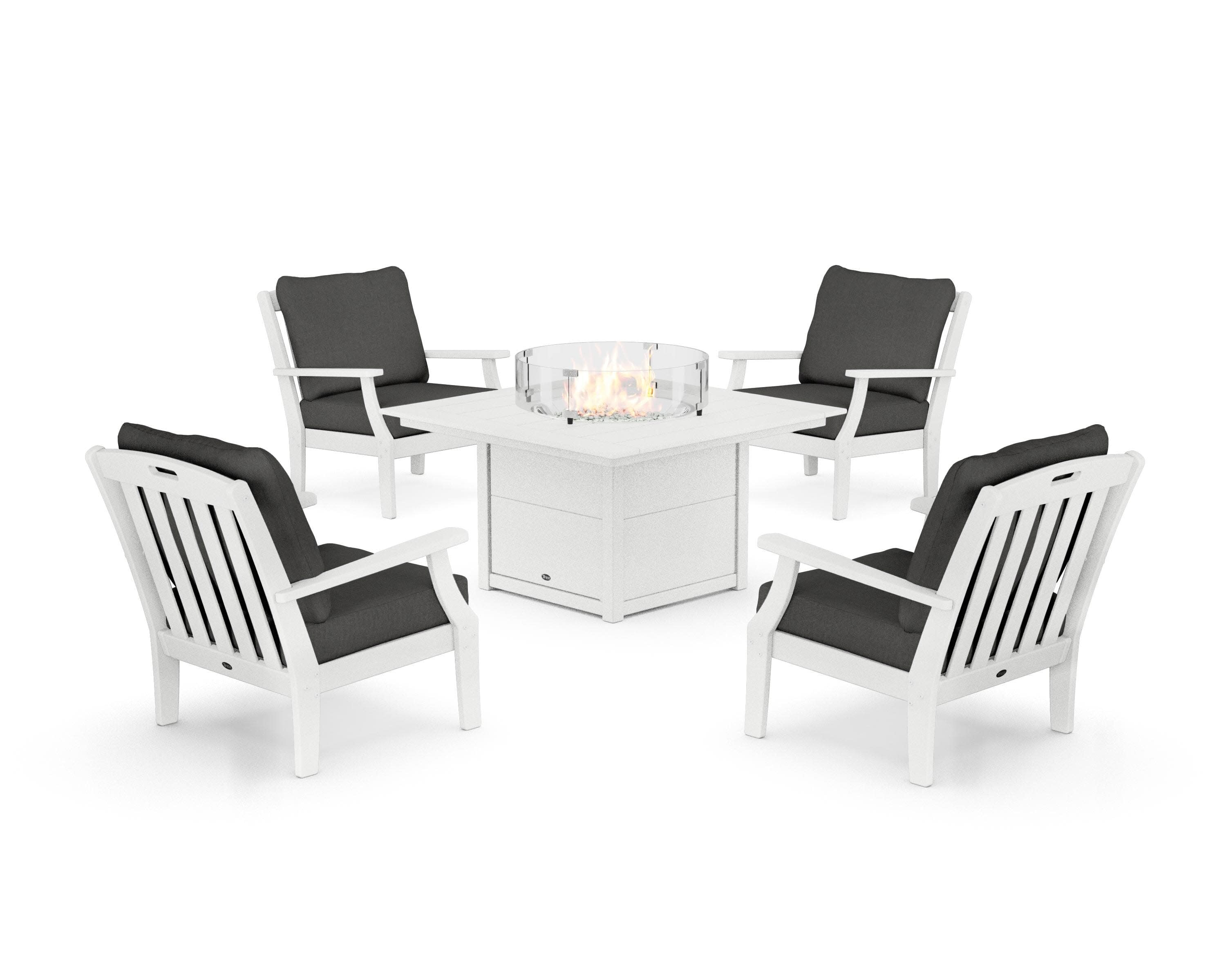 Yacht Club 5-Piece Deep Seating Set with Square Fire Pit Table in Classic White / Spectrum Carbon