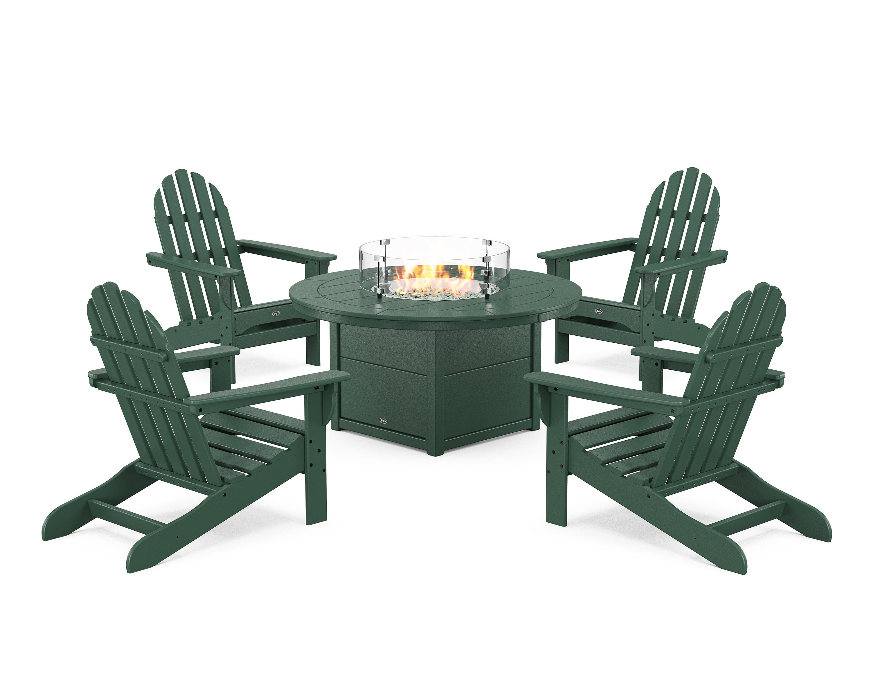 Cape Cod Adirondack 5-Piece Set with Round Fire Pit Table in Rainforest Canopy