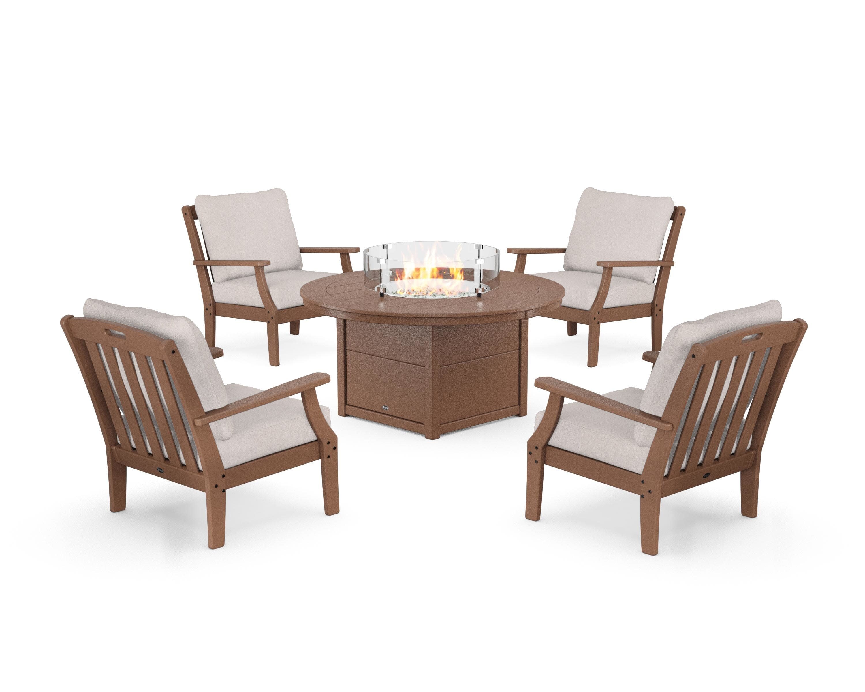 Yacht Club 5-Piece Deep Seating Set with Round Fire Pit Table in Tree House / Dune Burlap