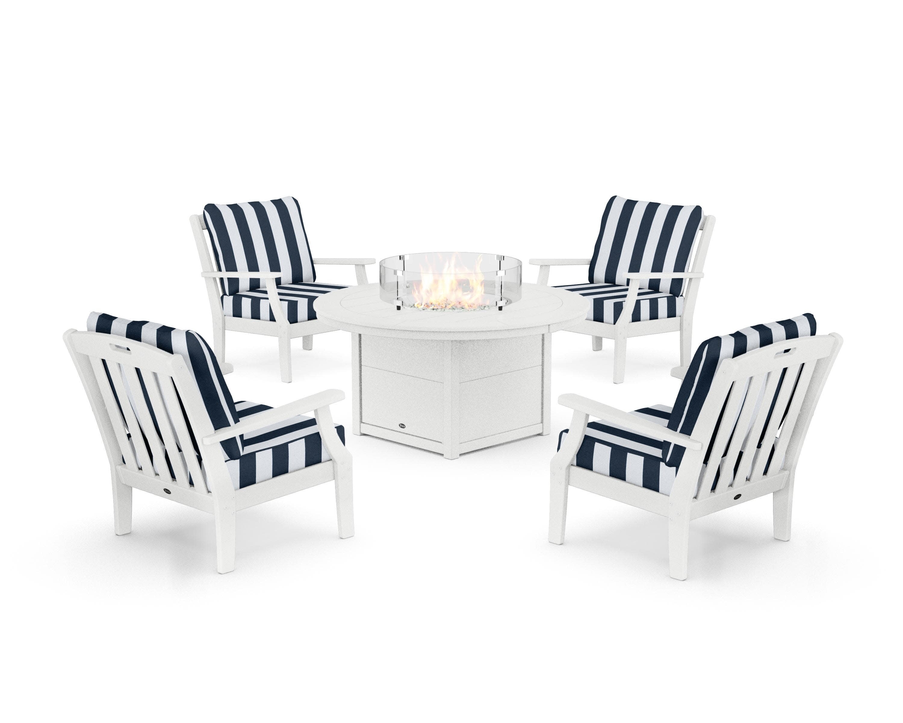 Yacht Club 5-Piece Deep Seating Set with Round Fire Pit Table in Classic White / Cabana Stripe Marine Indigo