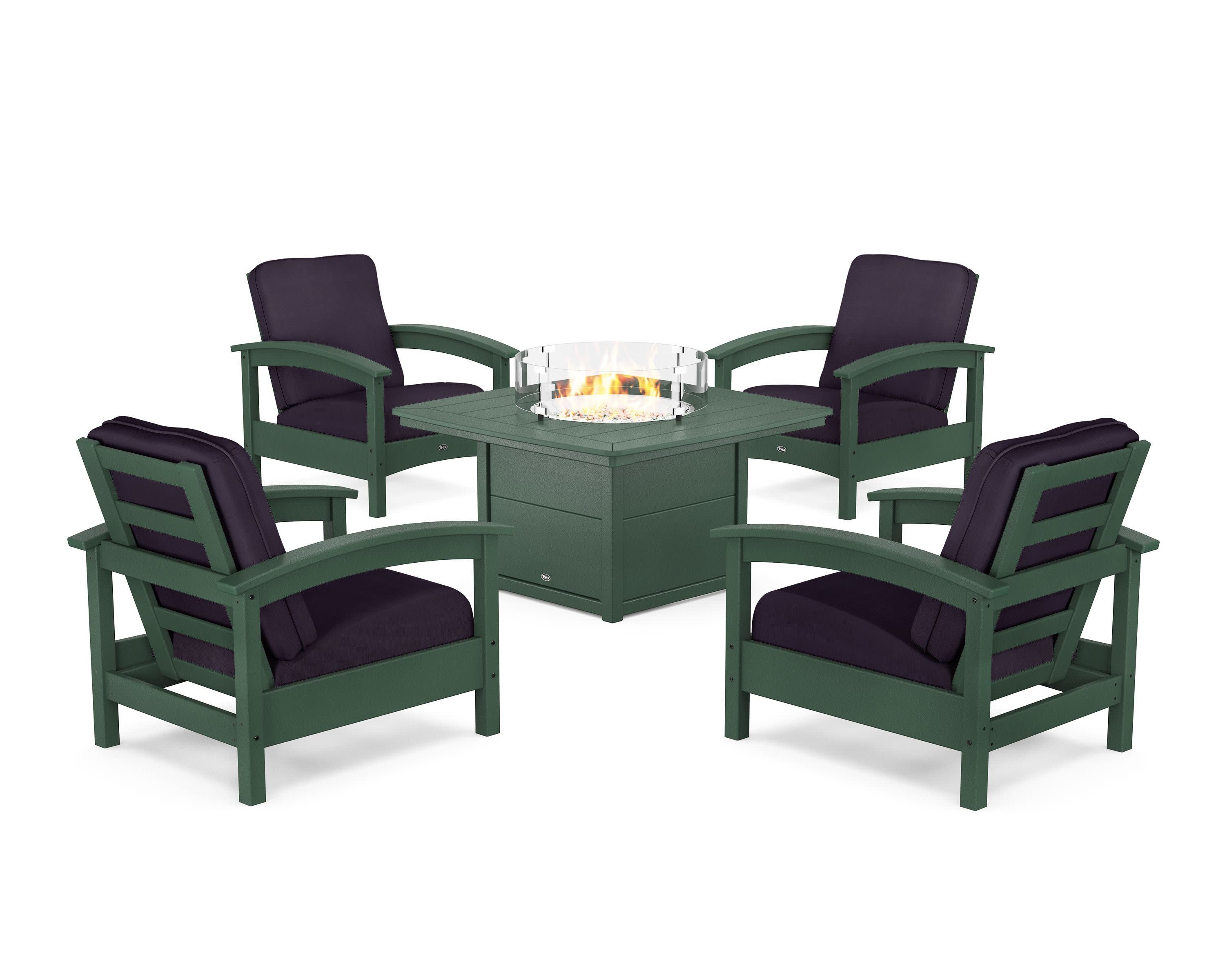 Rockport 5-Piece Deep Seating Set with Yacht Club Fire Pit Table in Rainforest Canopy / Navy Linen