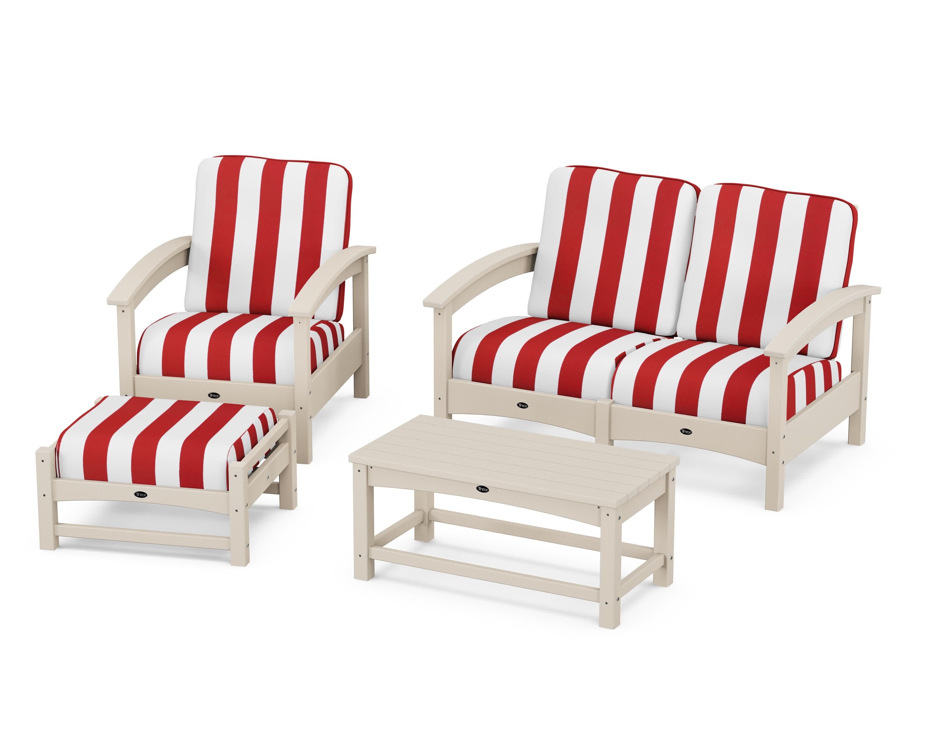 Rockport 4-Piece Deep Seating Conversation Group in Sand Castle / Cabana Stripe Crimson