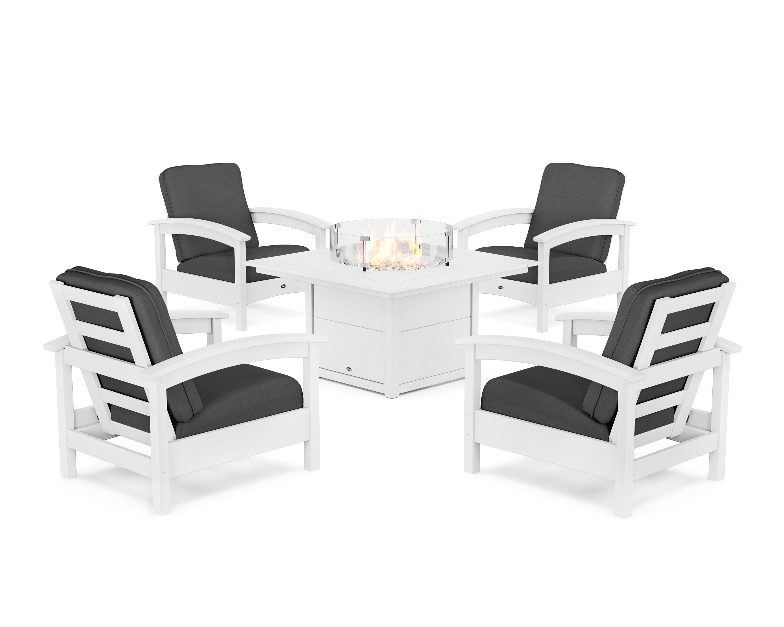 Rockport 5-Piece Deep Seating Set with Square Fire Pit Table in Classic White / Spectrum Carbon