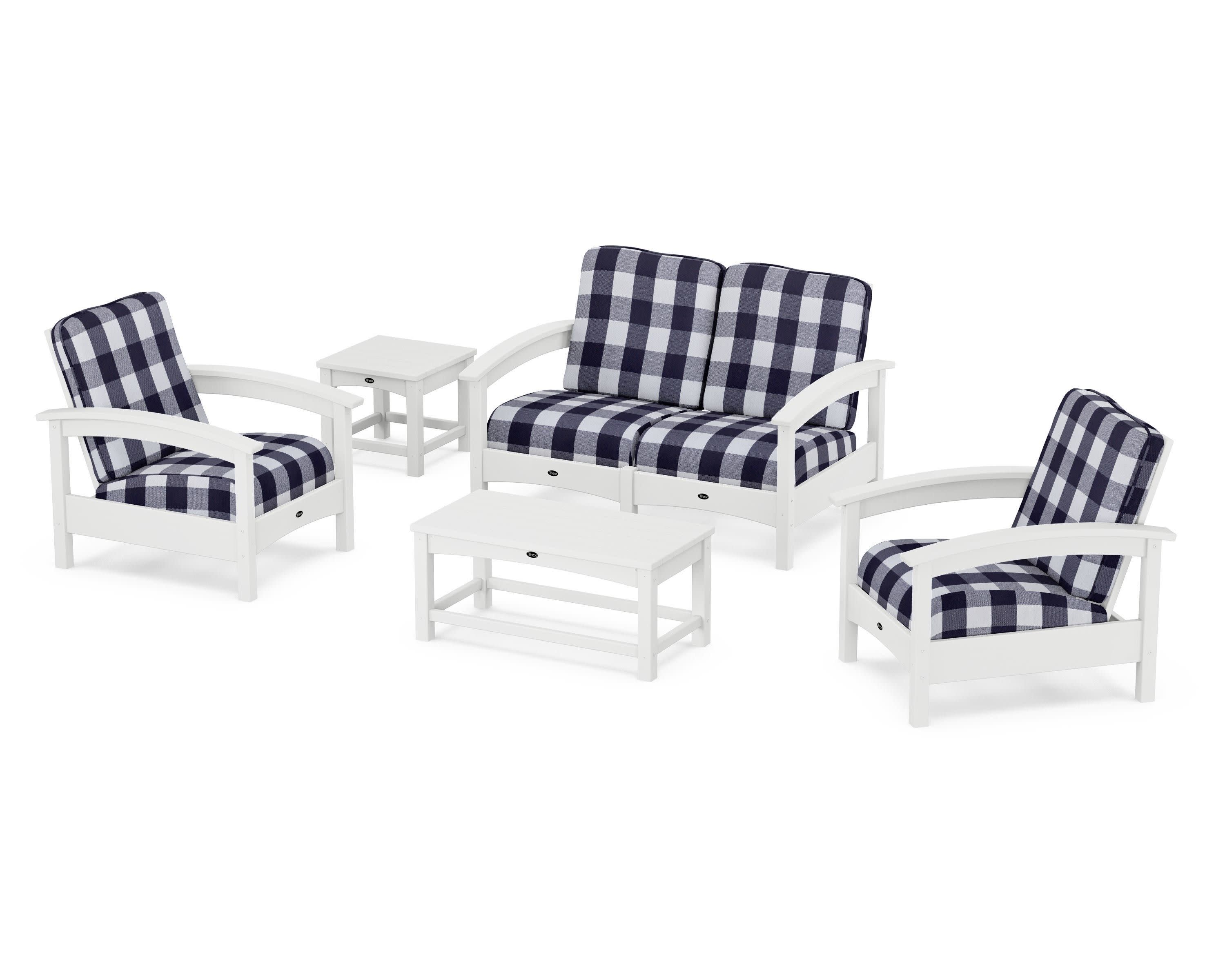 Rockport Club 6-Piece Deep Seating Conversation Set in Classic White / Buffalo Plaid Navy