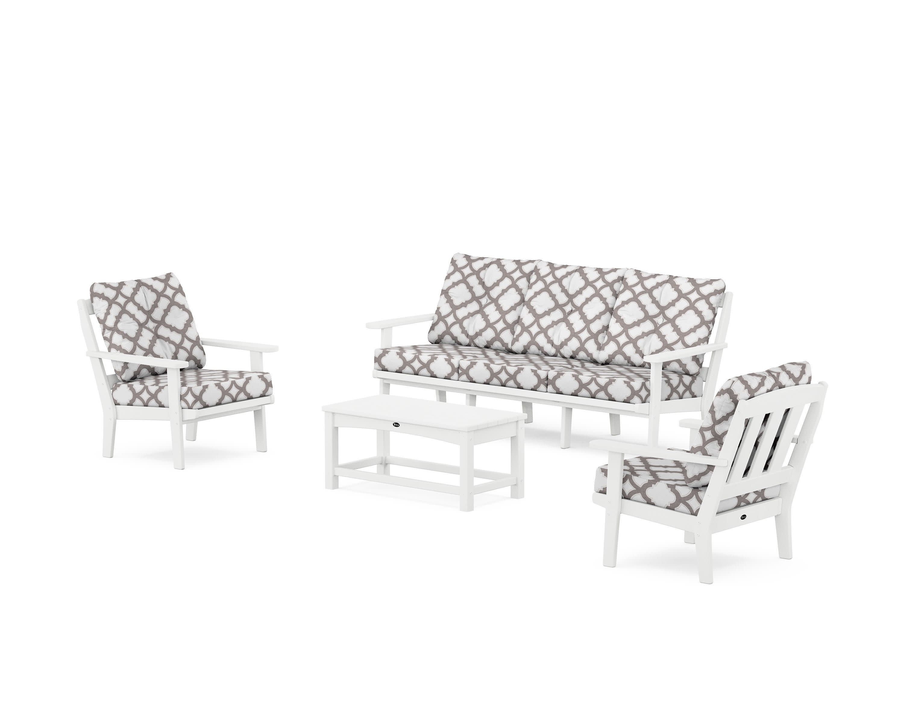 Cape Cod 4-Piece Deep Seating Set with Sofa in Classic White / Trellis Grey Mist