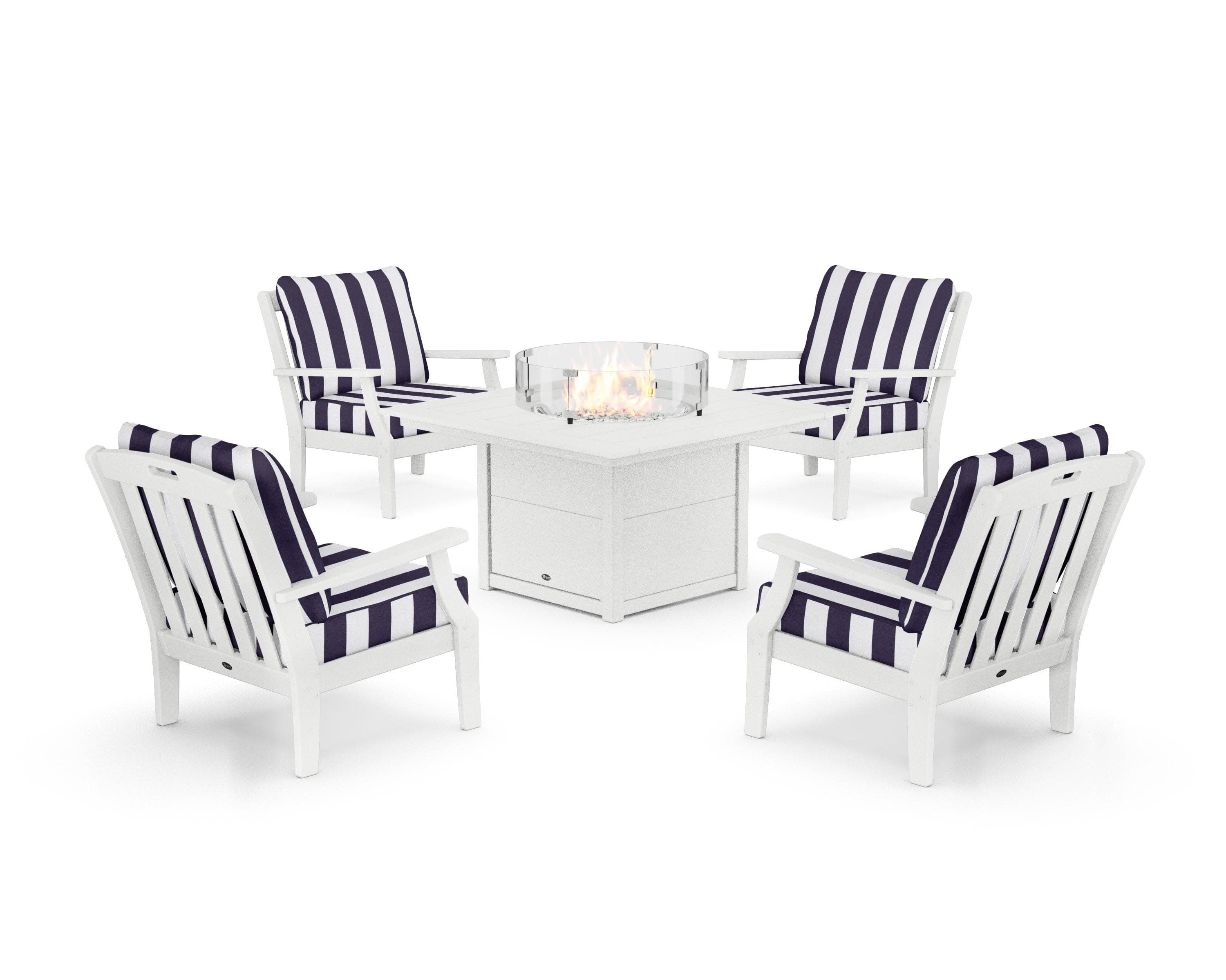 Yacht Club 5-Piece Deep Seating Set with Square Fire Pit Table in Classic White / Cabana Stripe Navy