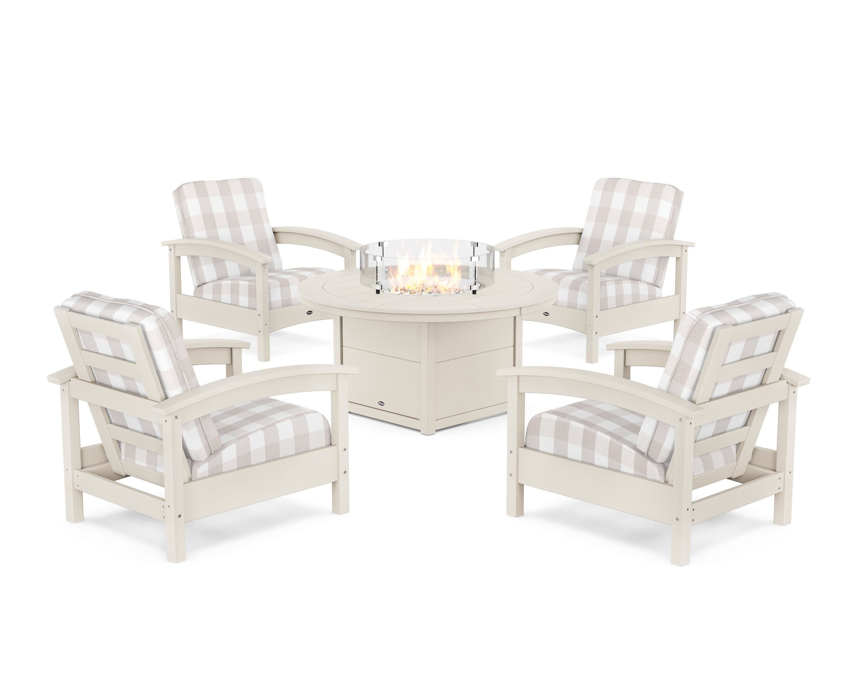 Rockport 5-Piece Deep Seating Set with Round Fire Pit Table in Sand Castle / Buffalo Plaid Dune Burlap