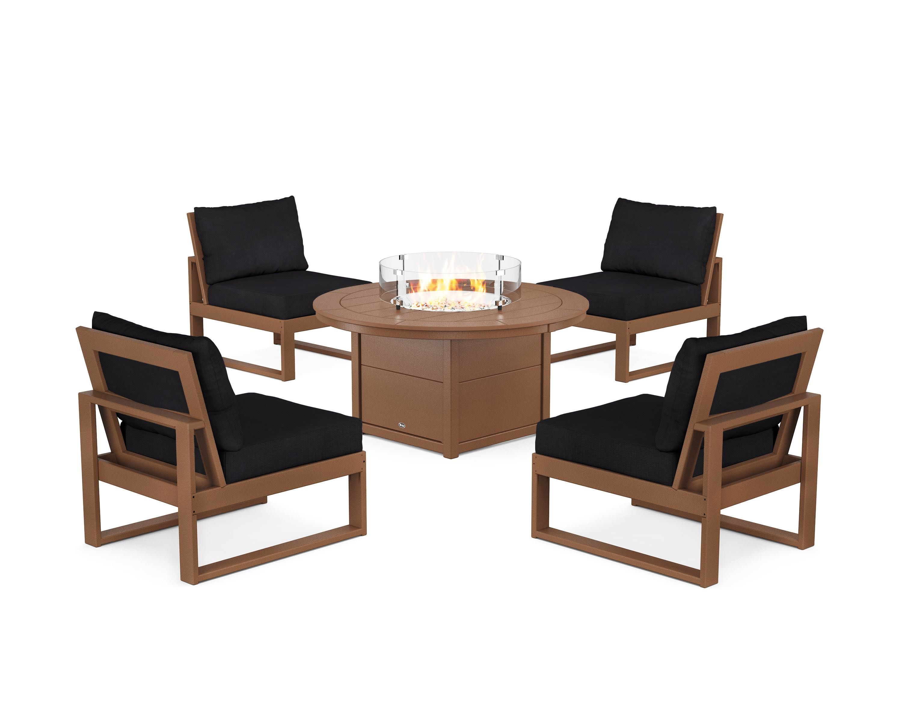 Eastport Modular 5-Piece Deep Seating Set with Round Fire Pit Table in Tree House / Midnight Linen