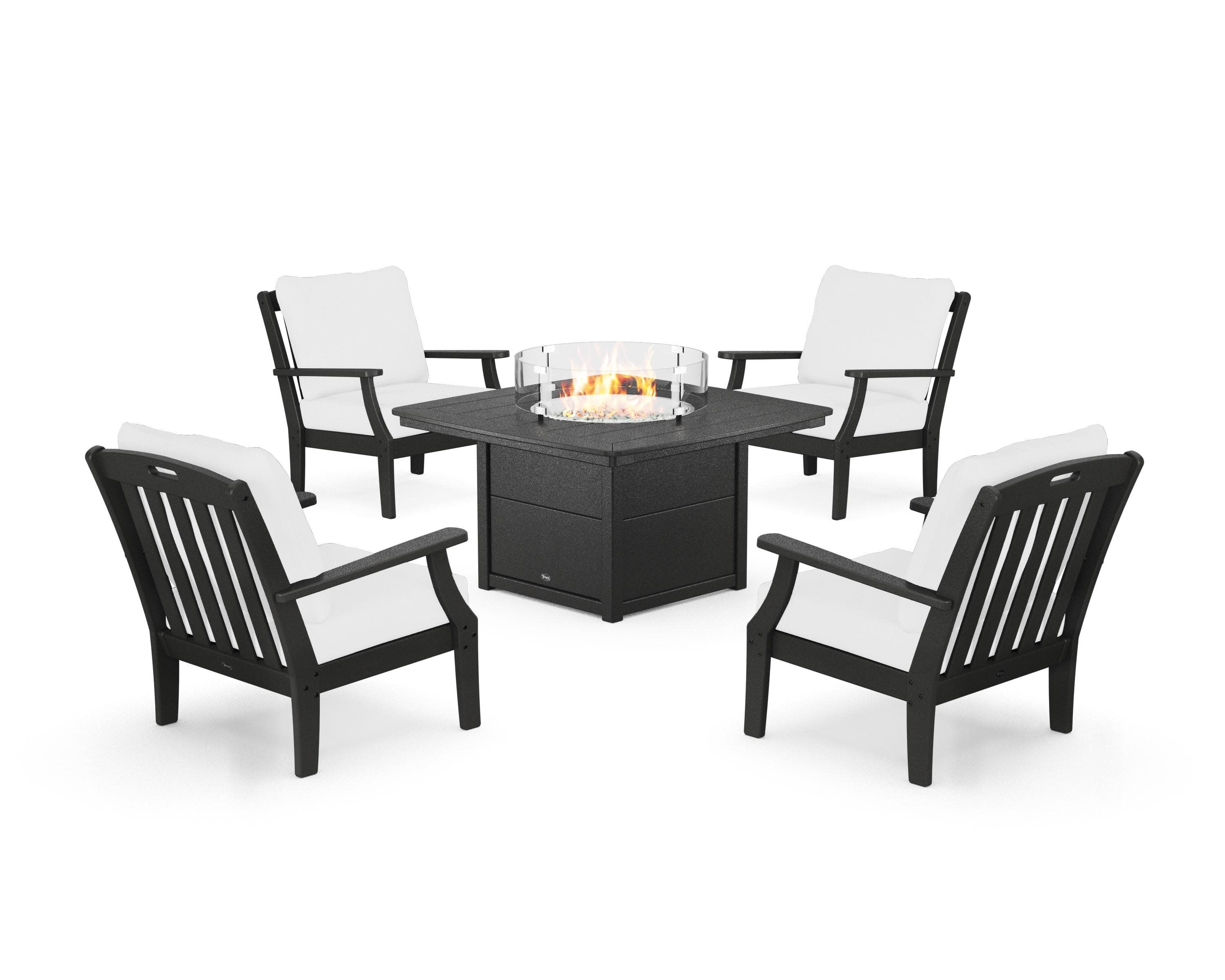 Yacht Club 5-Piece Deep Seating Set with Fire Pit Table in Charcoal Black / Natural