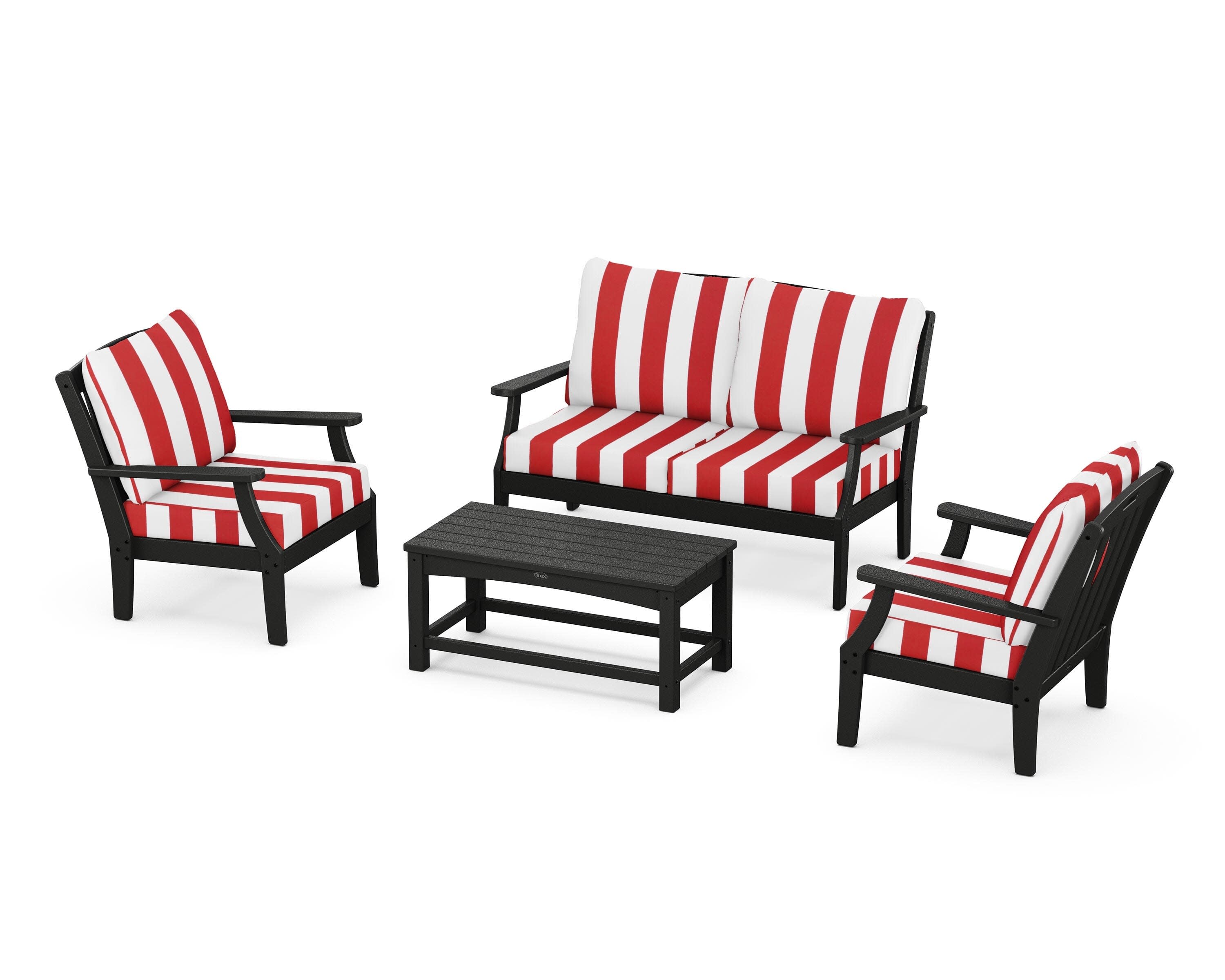 Yacht Club 4-Piece Deep Seating Chair Set in Charcoal Black / Cabana Stripe Crimson