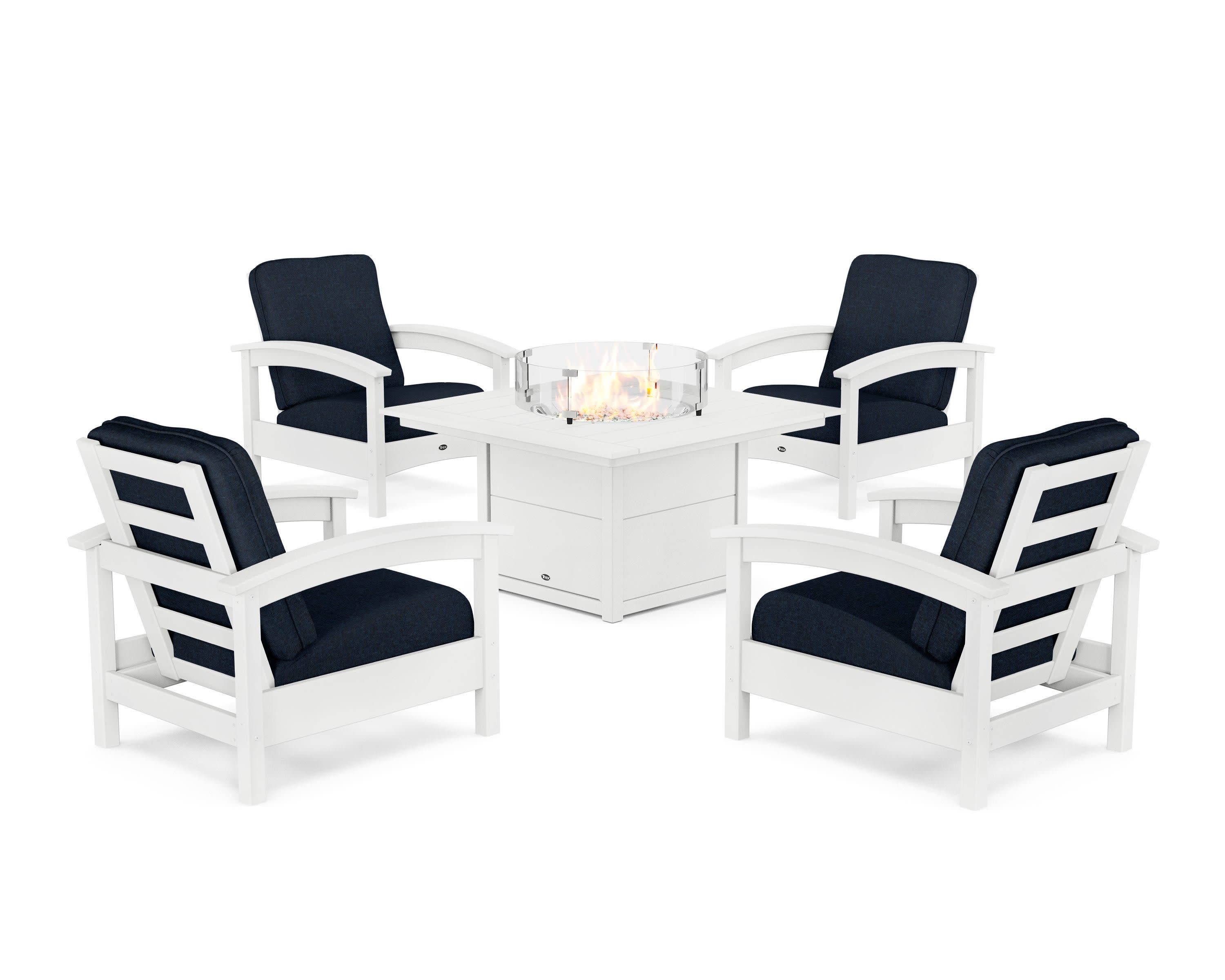 Rockport 5-Piece Deep Seating Set with Square Fire Pit Table in Classic White / Marine Indigo