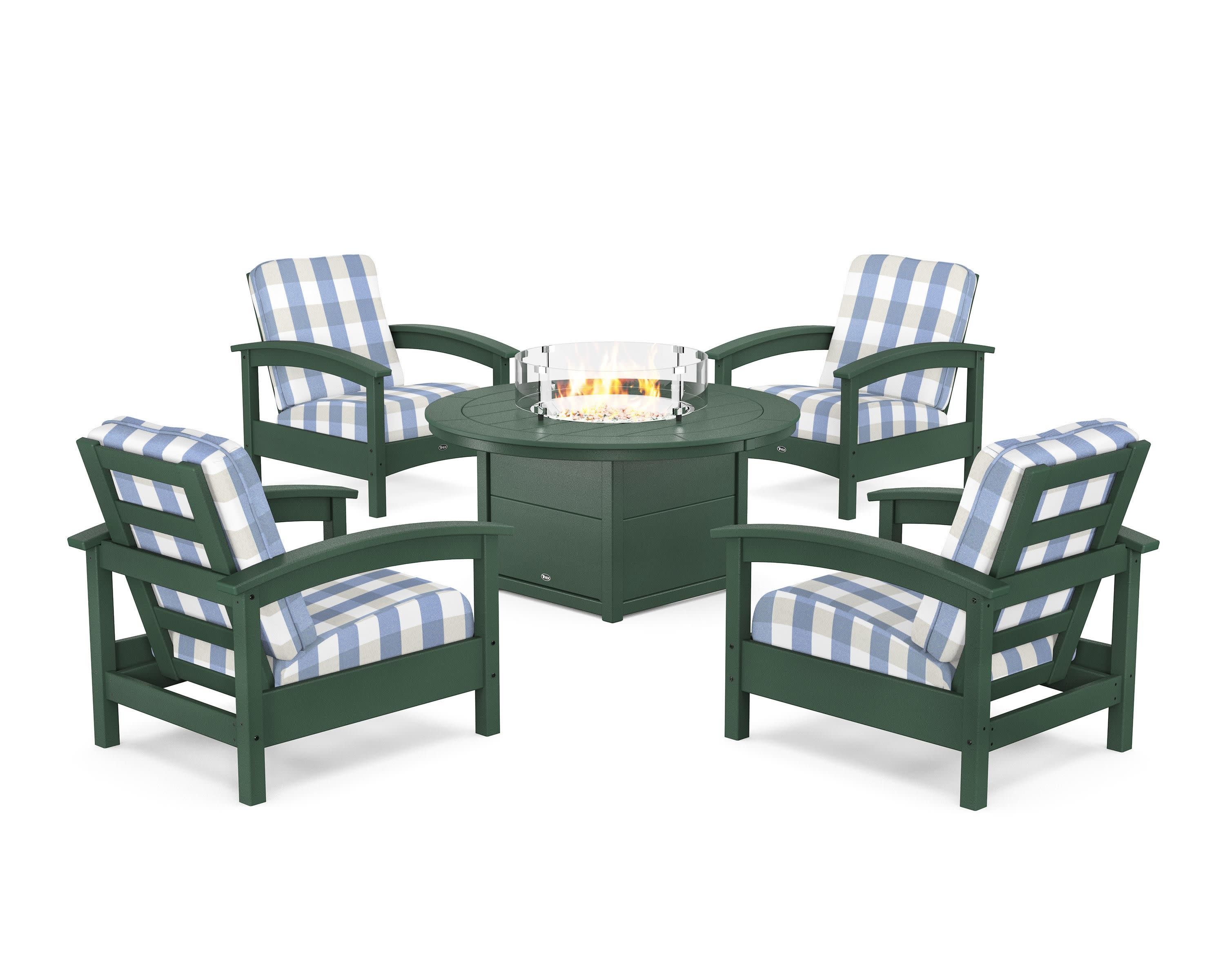 Rockport 5-Piece Deep Seating Set with Round Fire Pit Table in Rainforest Canopy / Buffalo Plaid Sky Blue