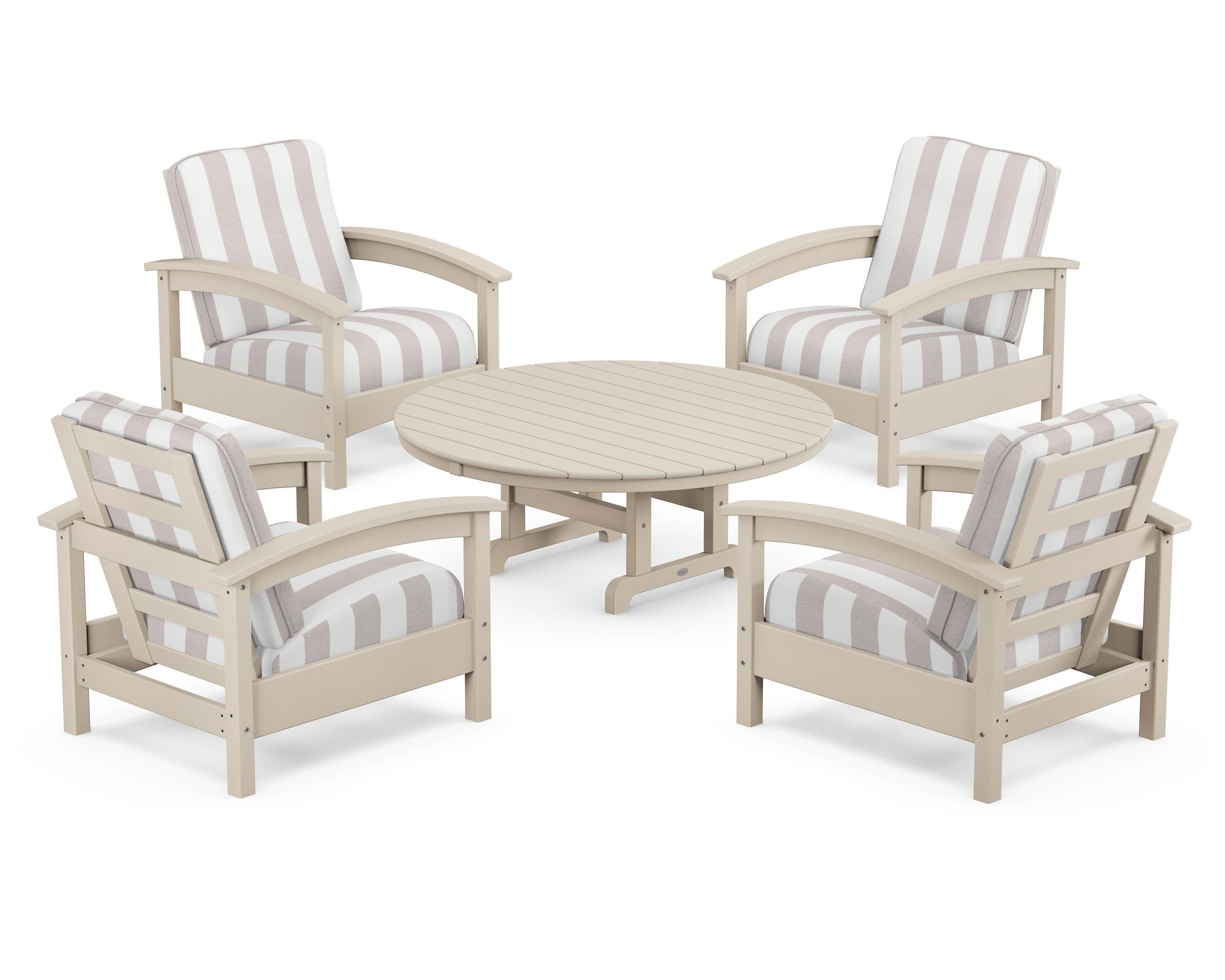 Rockport 5-Piece Deep Seating Set in Sand Castle / Cabana Stripe Dune Burlap