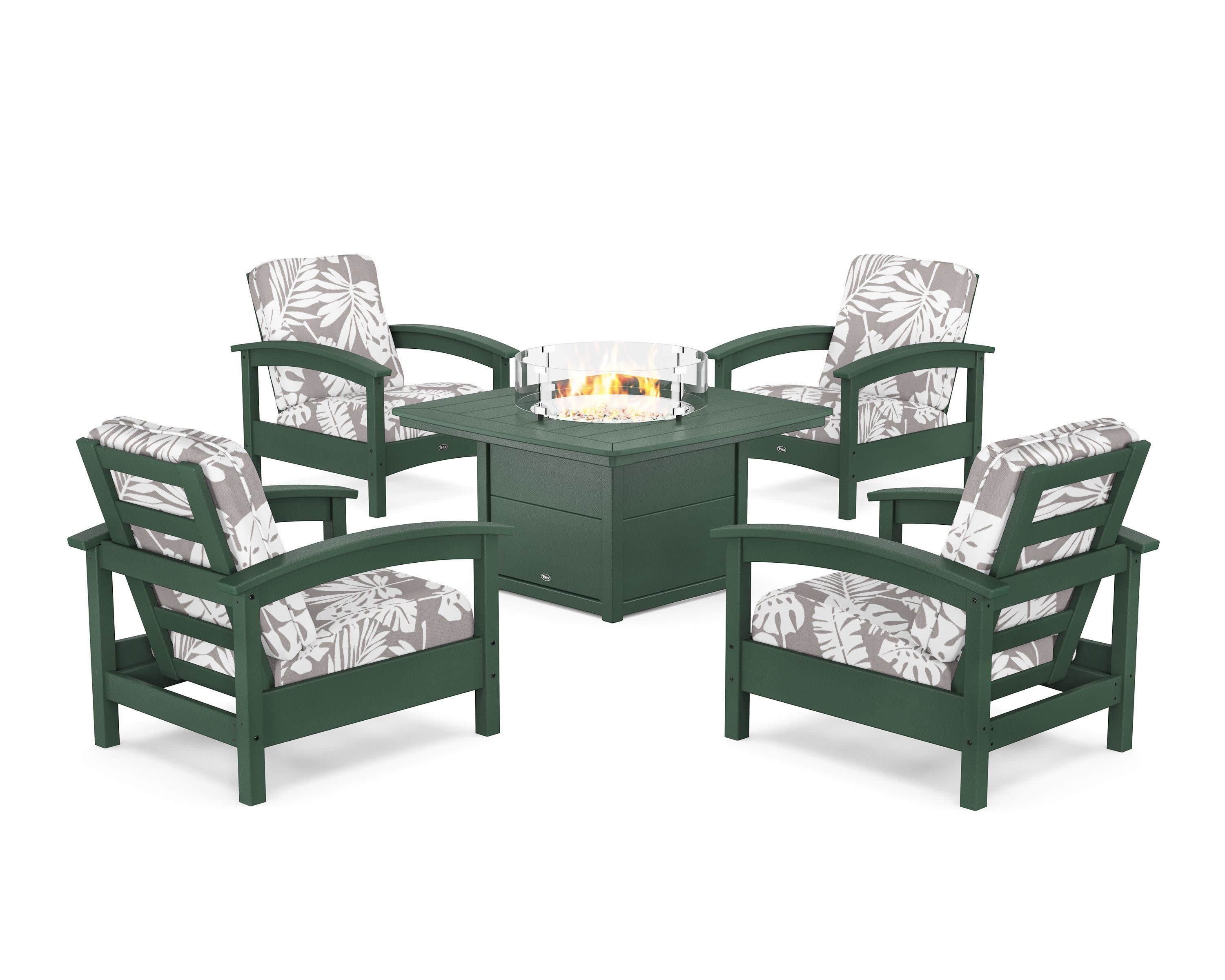 Rockport 5-Piece Deep Seating Set with Yacht Club Fire Pit Table in Rainforest Canopy / Leaf Grey Mist
