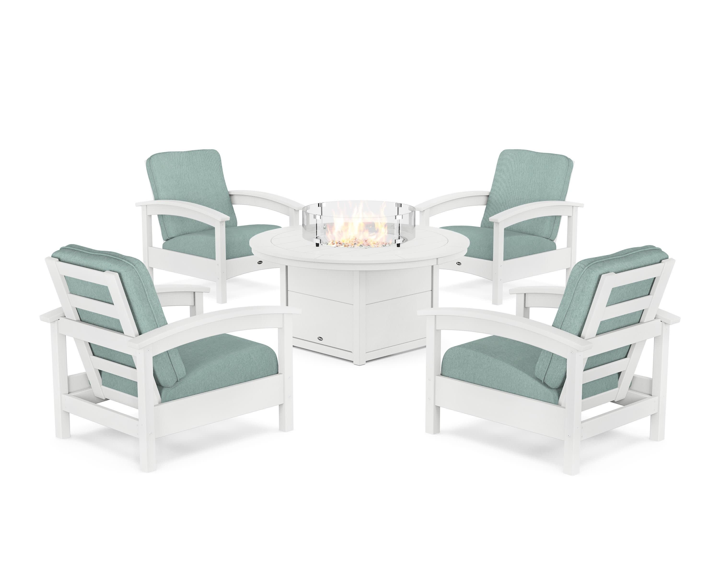 Rockport 5-Piece Deep Seating Set with Round Fire Pit Table in Classic White / Glacier Spa