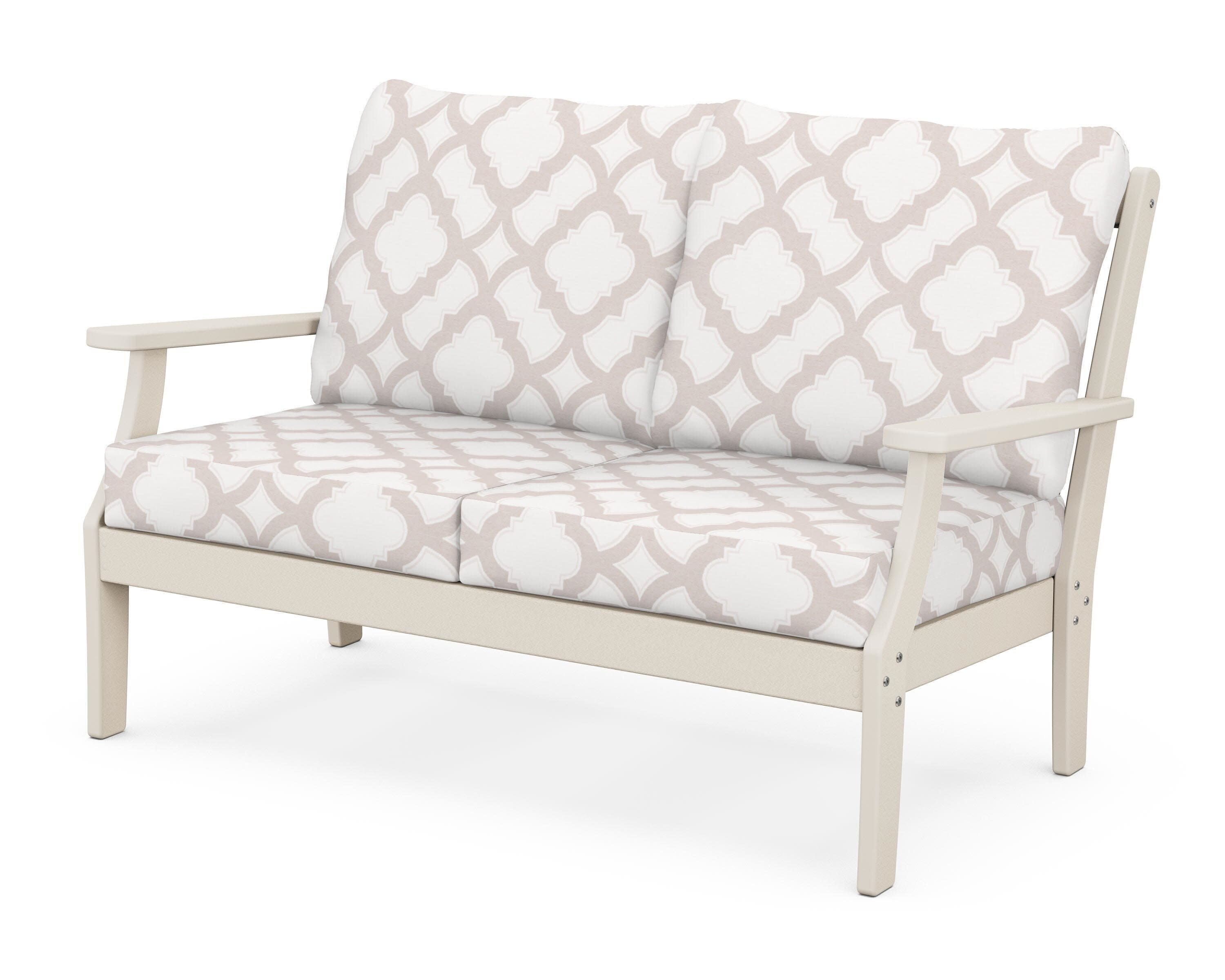 Yacht Club Deep Seating Loveseat in Sand Castle / Trellis Dune Burlap