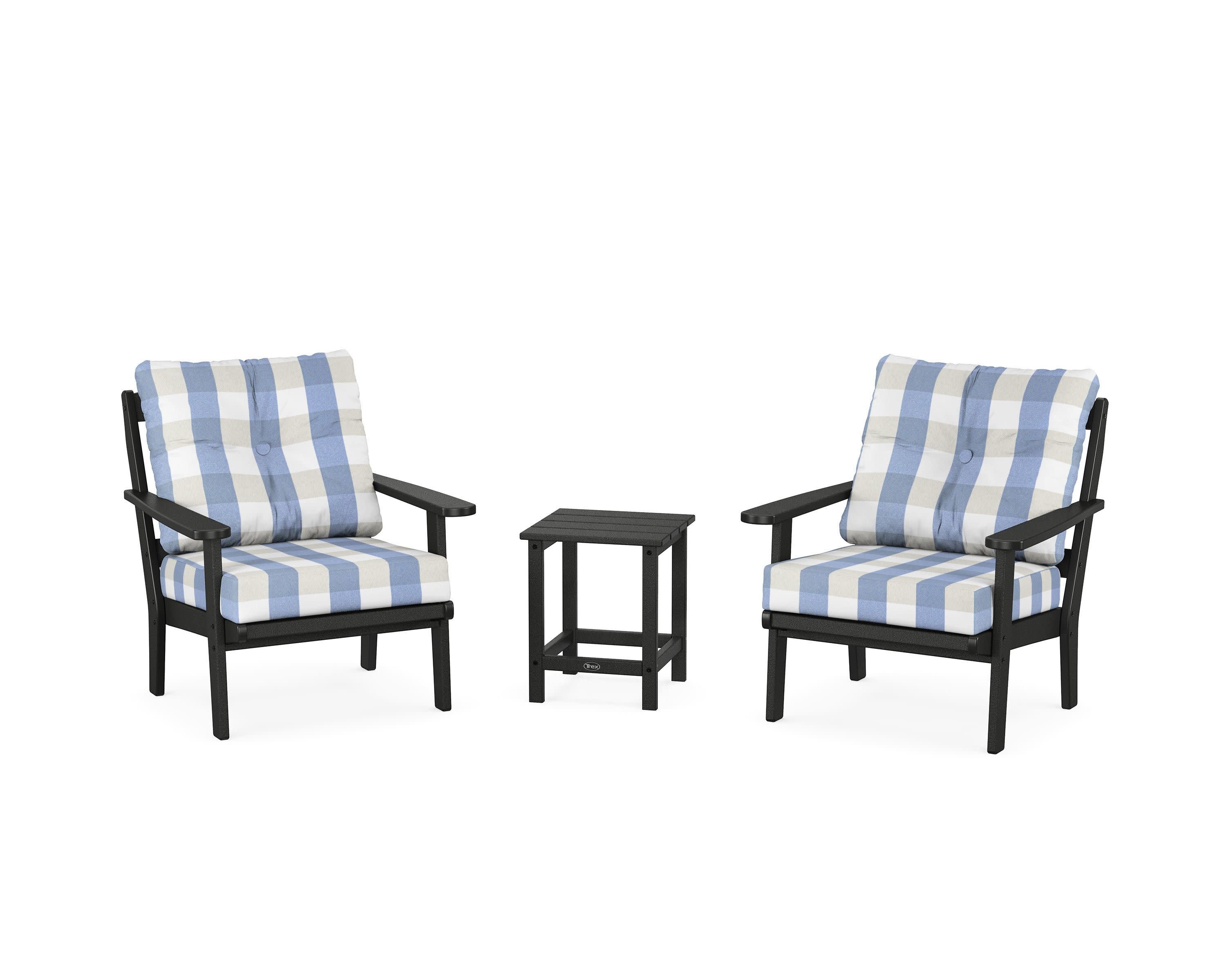 Cape Cod 3-Piece Deep Seating Set in Charcoal Black / Buffalo Plaid Sky Blue