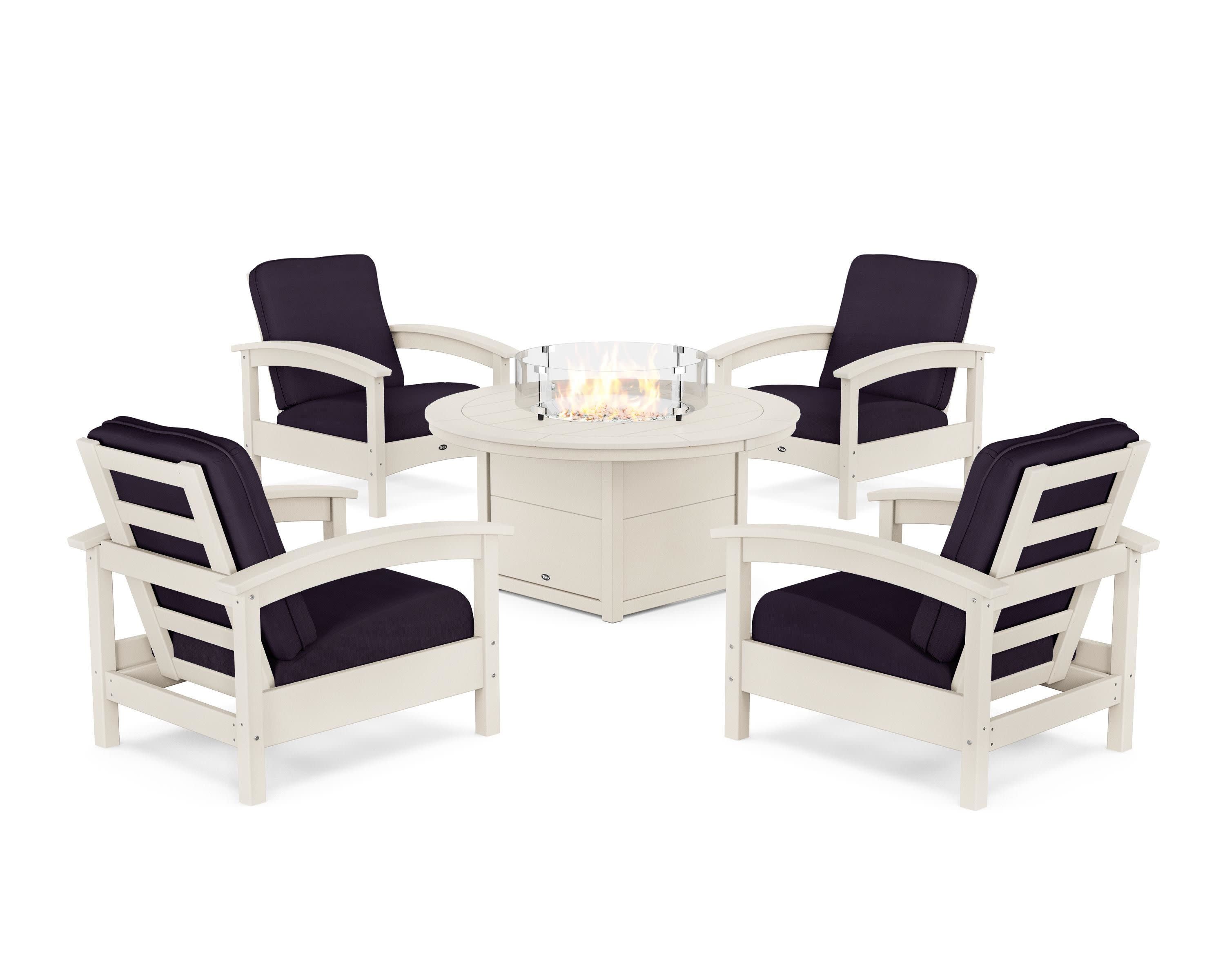 Rockport 5-Piece Deep Seating Set with Round Fire Pit Table in Sand Castle / Navy Linen