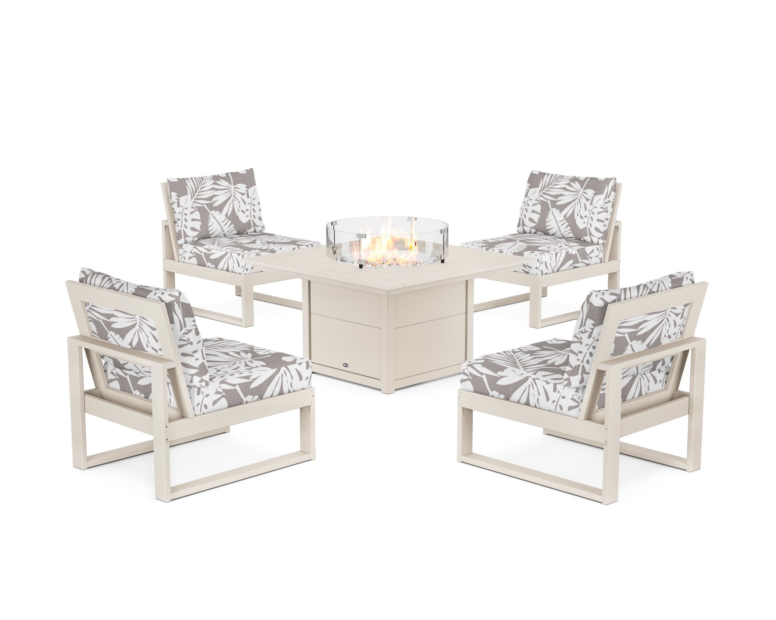 Eastport Modular 5-Piece Deep Seating Set with Square Fire Pit Table in Sand Castle / Leaf Grey Mist