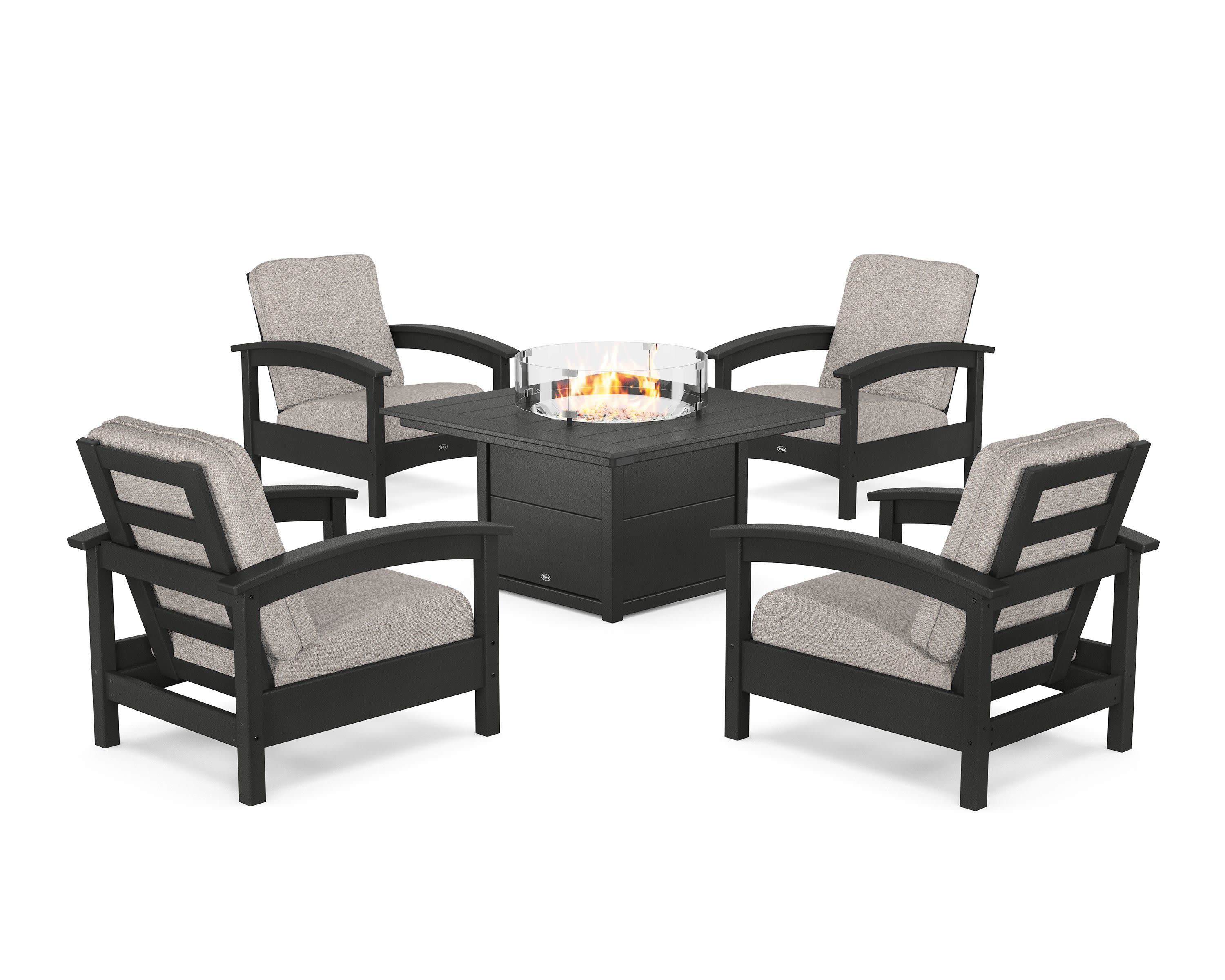 Rockport 5-Piece Deep Seating Set with Square Fire Pit Table in Charcoal Black / Weathered Tweed