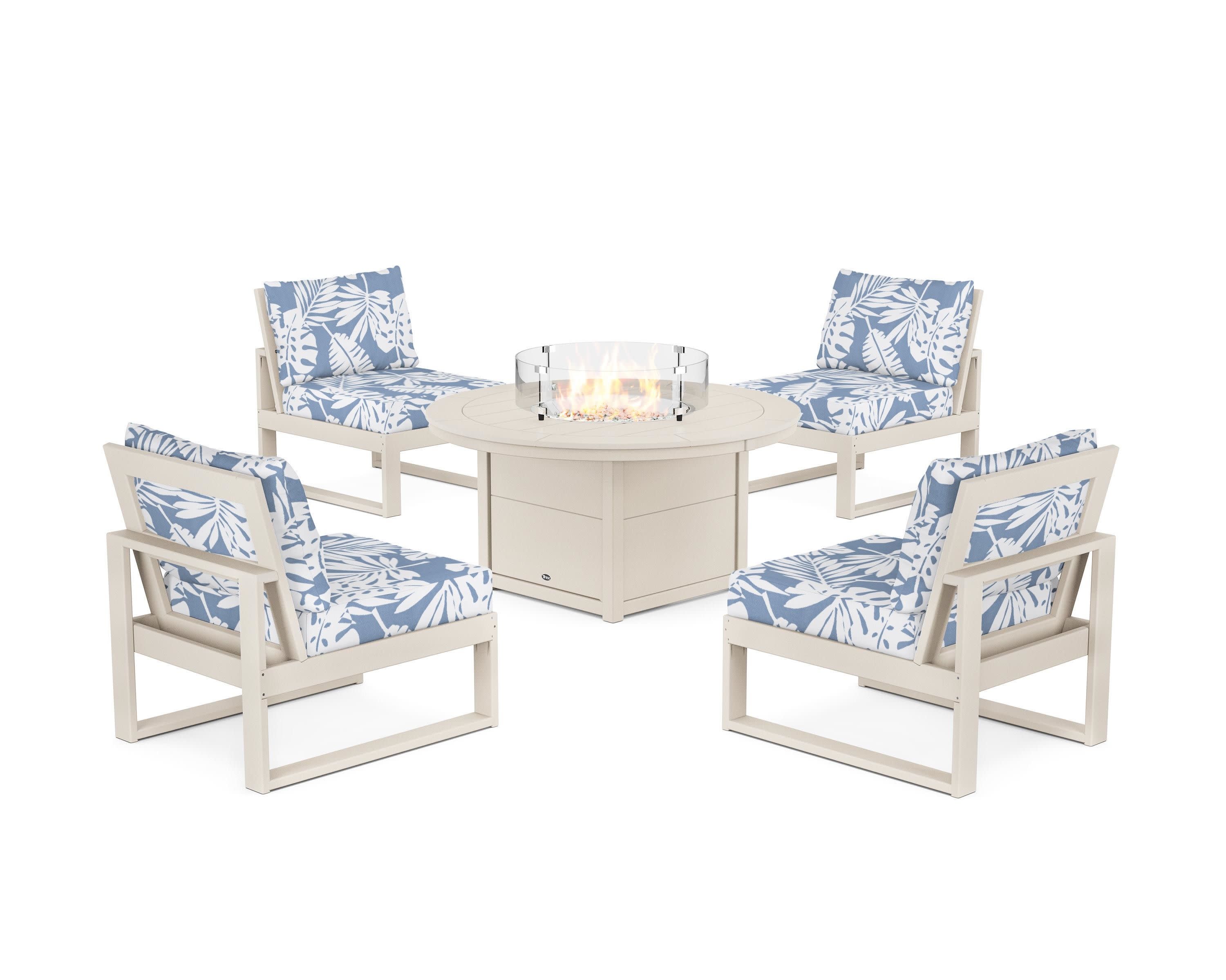 Eastport Modular 5-Piece Deep Seating Set with Round Fire Pit Table in Sand Castle / Leaf Sky Blue