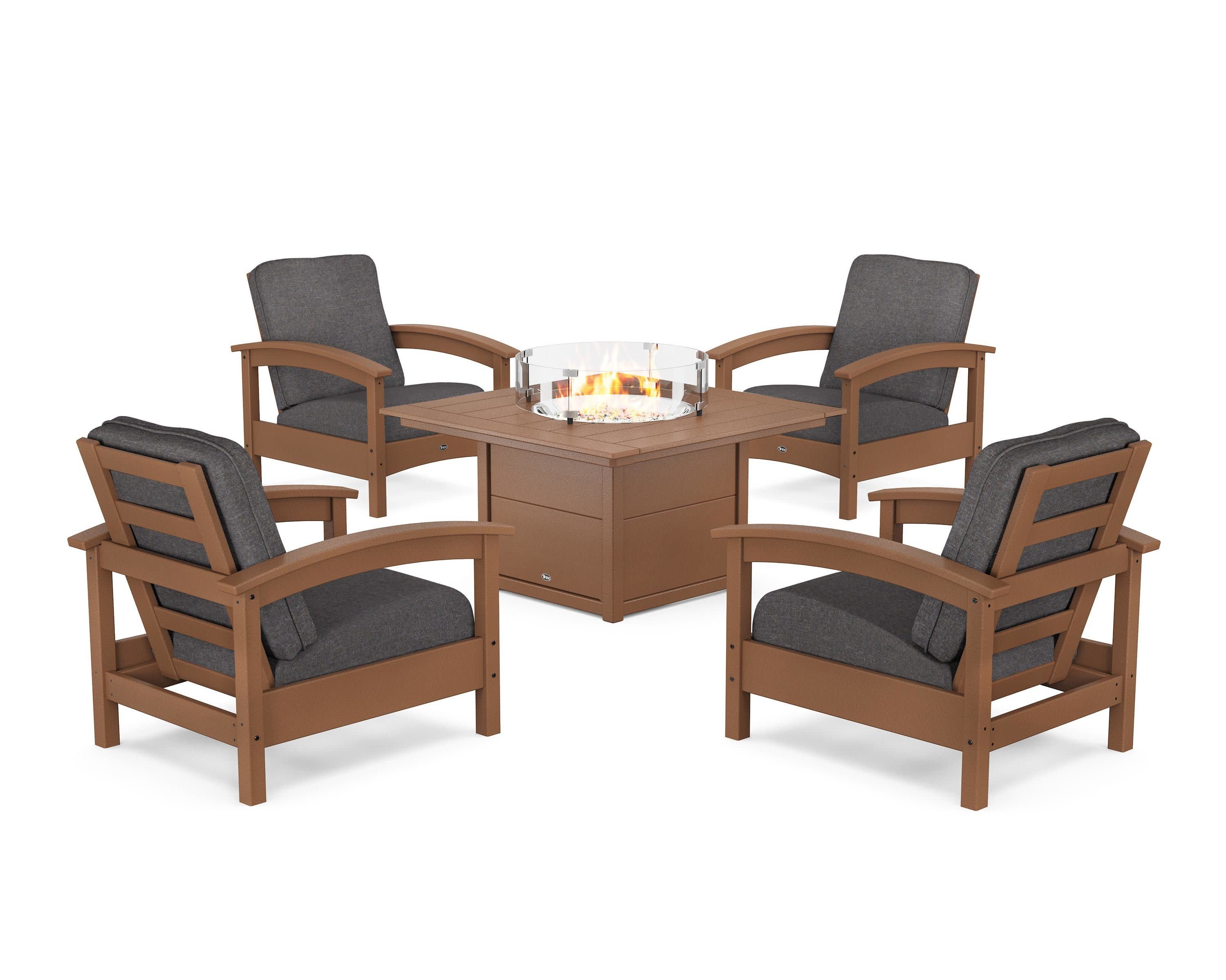 Rockport 5-Piece Deep Seating Set with Square Fire Pit Table in Tree House / Ash Charcoal