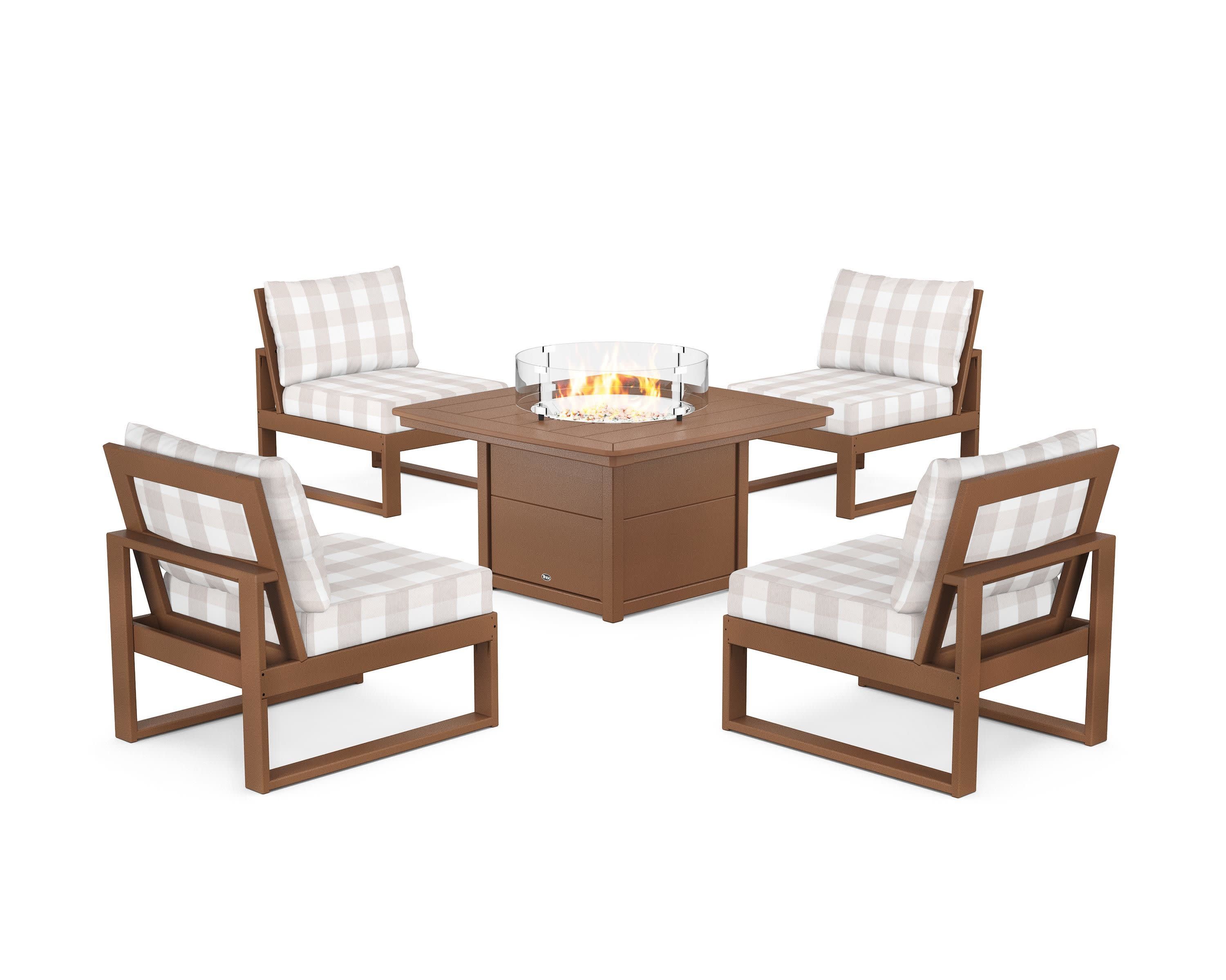 Eastport Modular 5-Piece Deep Seating Set with Yacht Club Fire Pit Table in Tree House / Buffalo Plaid Dune Burlap