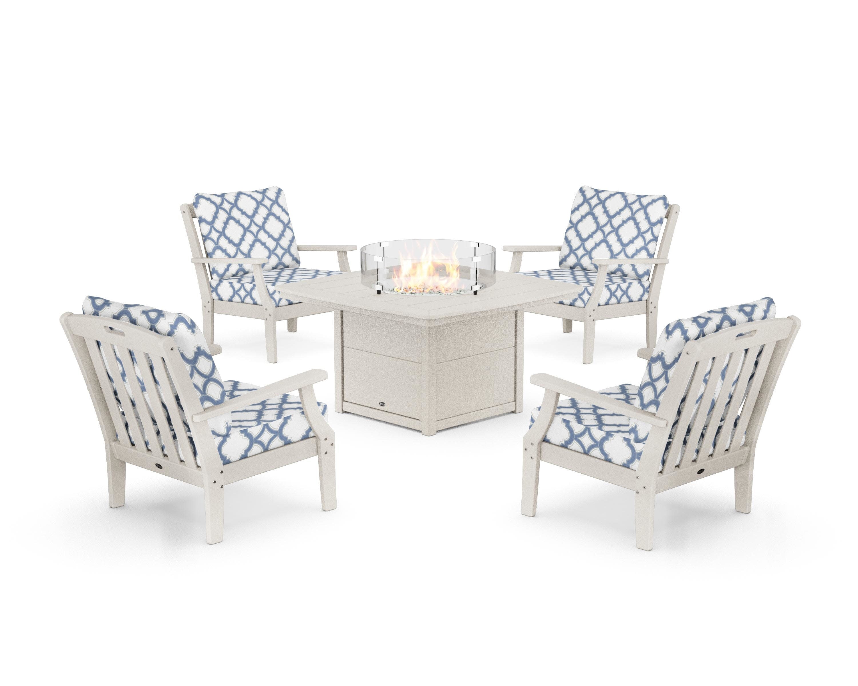 Yacht Club 5-Piece Deep Seating Set with Fire Pit Table in Sand Castle / Trellis Sky Blue