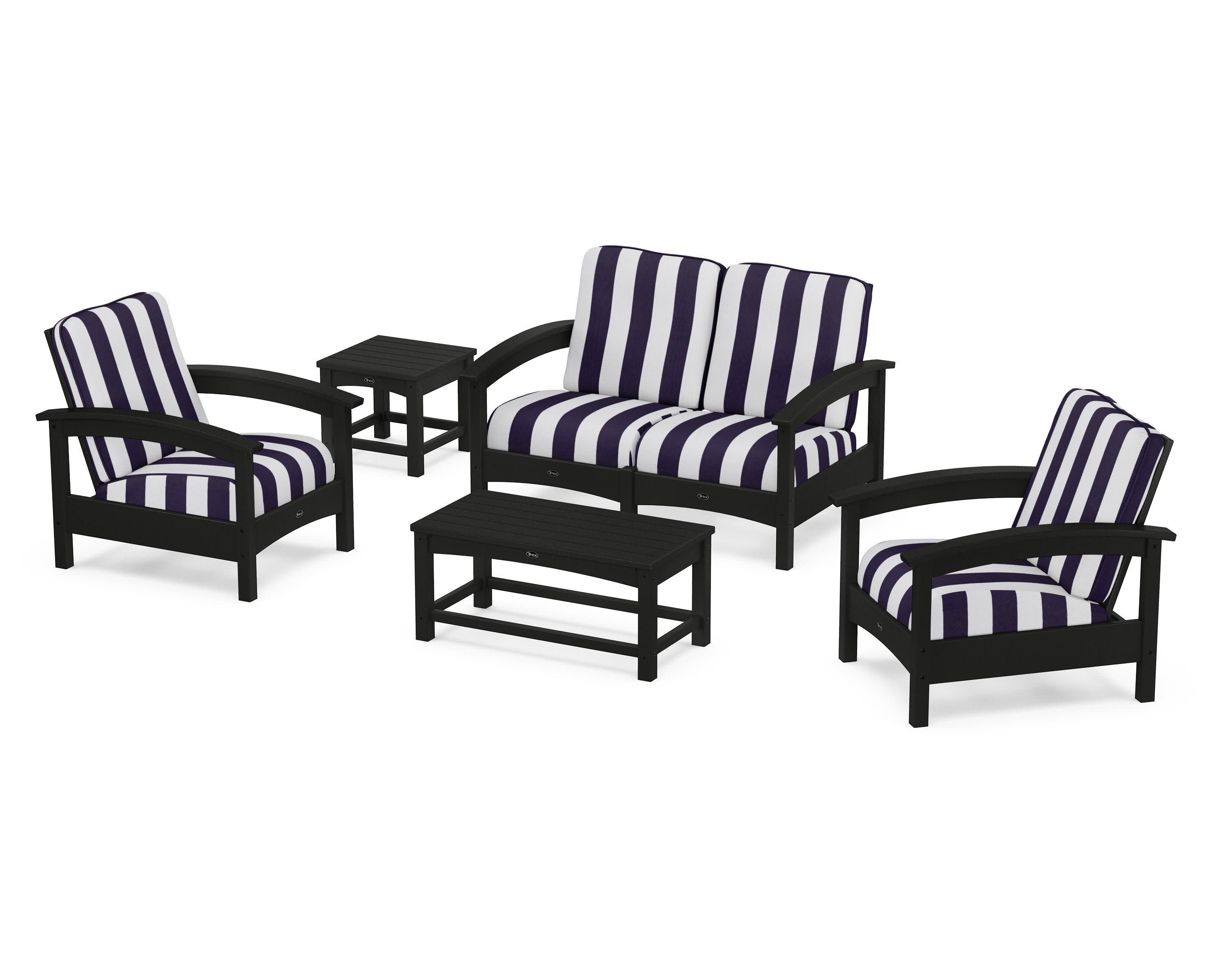 Rockport Club 6-Piece Deep Seating Conversation Set in Charcoal Black / Cabana Stripe Navy