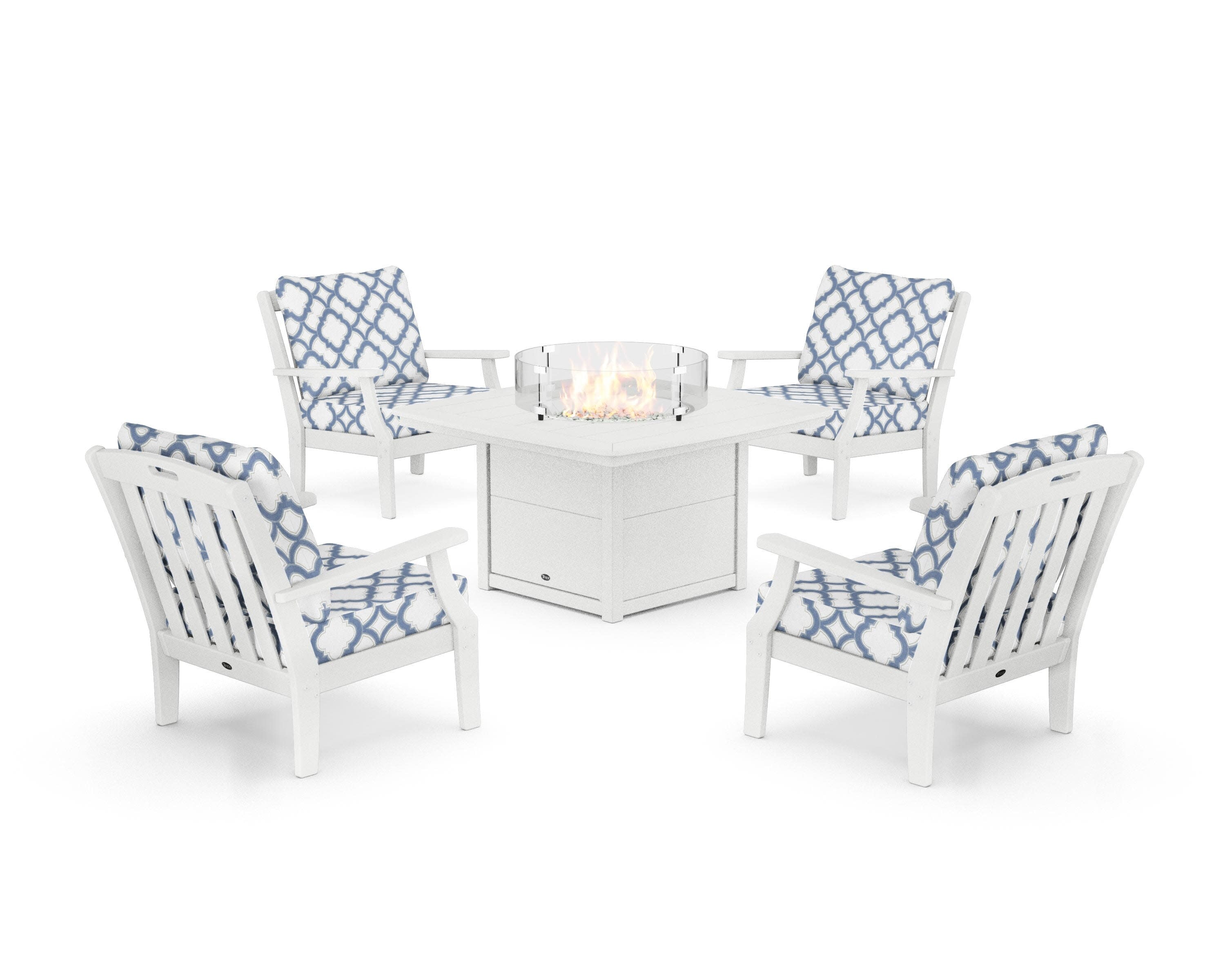 Yacht Club 5-Piece Deep Seating Set with Fire Pit Table in Classic White / Trellis Sky Blue